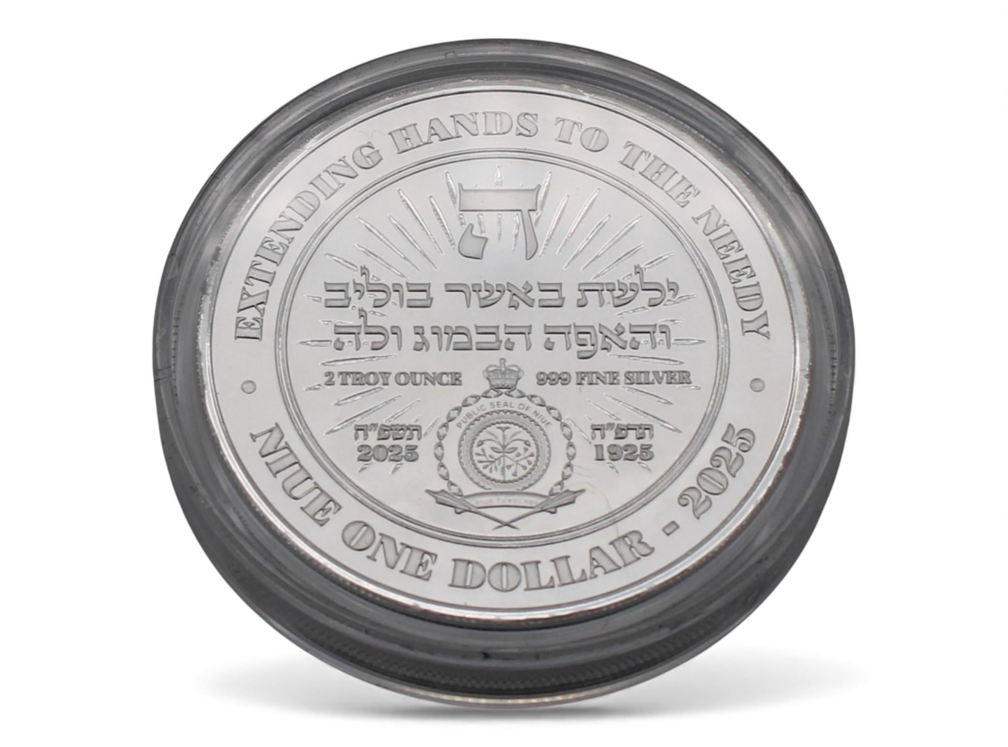A Historic Commemorative Coin of the Holy Rebbe Yeshaya Steiner of Kerestir. Minted in New Zealand, 2024  2 oz. pure silver  Limited edition of 700 pieces.

This commemorative coin marks only the third time in years that an official currency has