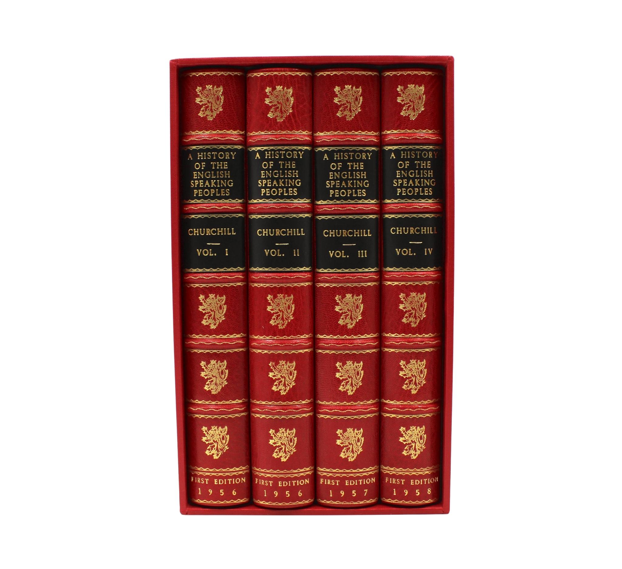 Churchill, Winston. A History of the English-Speaking Peoples. London: Cassell & Company Ltd., 1956 - 1958. First edition, four volume set. Rebound in 1/4 red Moroccan leather and cloth, with gilt titles, tooling, and raised bands to the spine, new