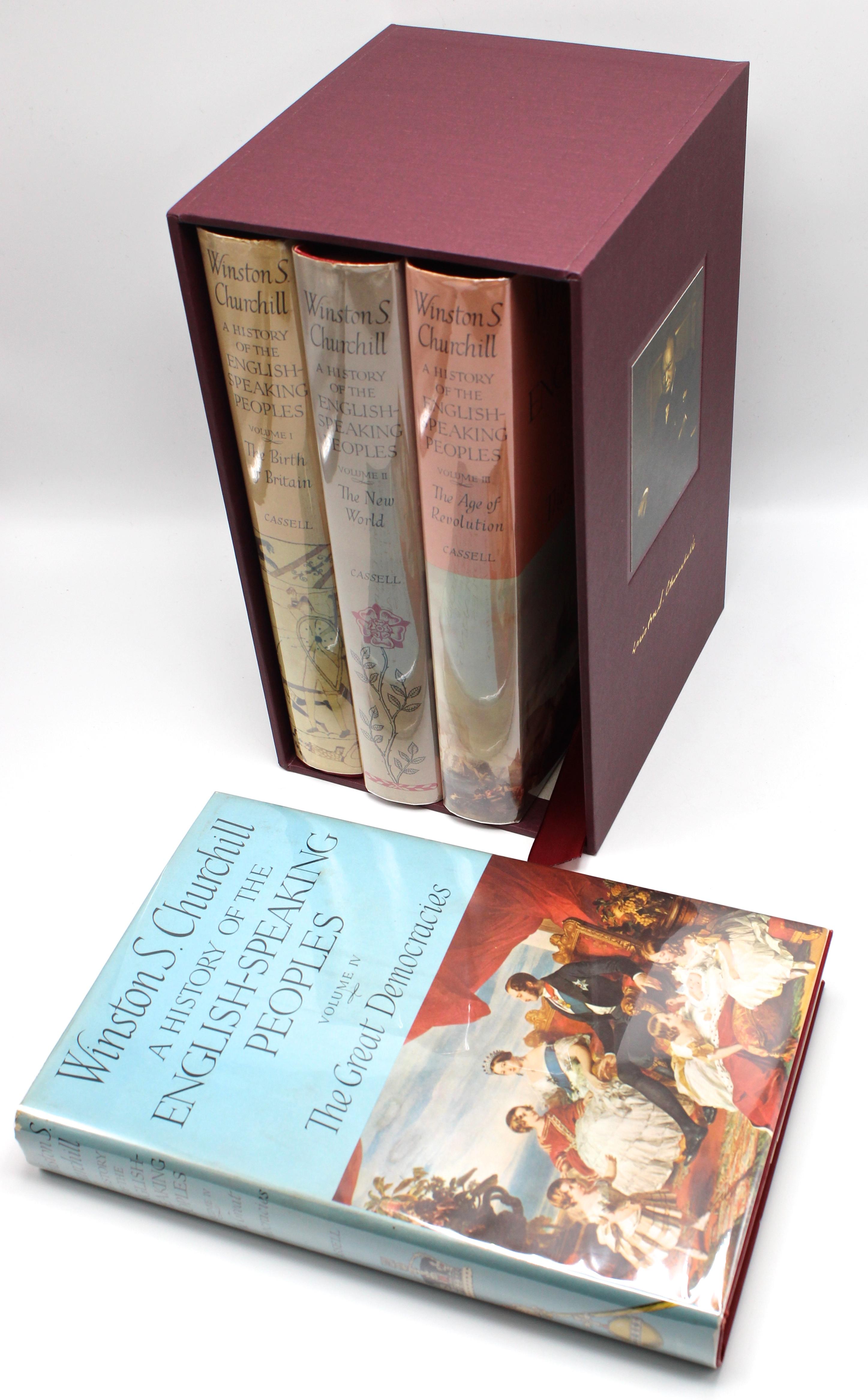 Churchill, Winston. A History of the English-Speaking Peoples. London: Cassell & Company Ltd., 1956-1958. First Edition, four volume set. Features all original dust jackets and is presented in a custom made archival slipcase.

These stated first