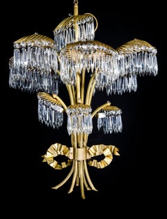 A Hollywood Regency Antique French Palm Tree Gilt Bronze and Crystal Chandelier