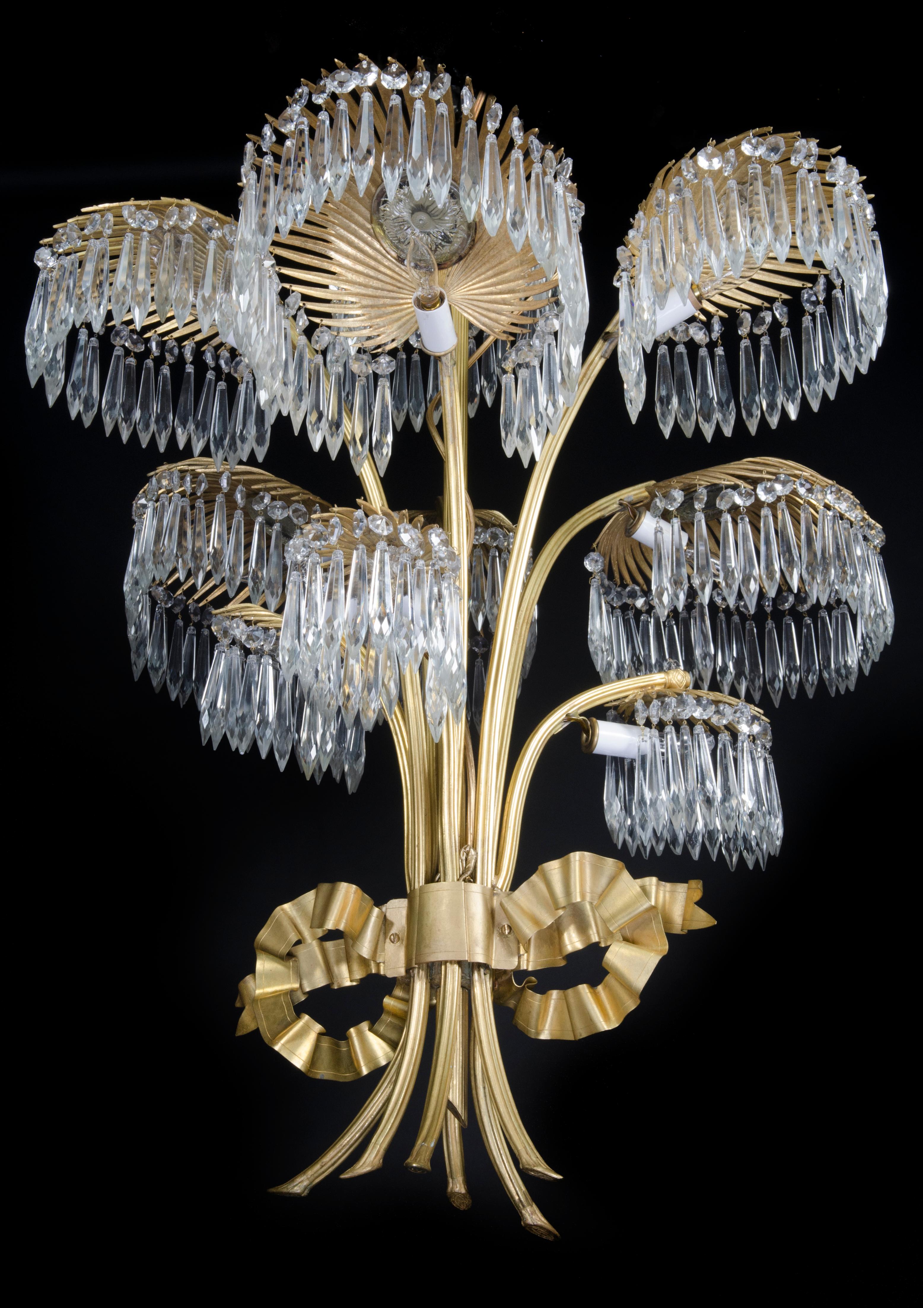 A Hollywood Regency Antique French Palm Tree Gilt Bronze and Crystal Chandelier In Good Condition For Sale In New York, NY