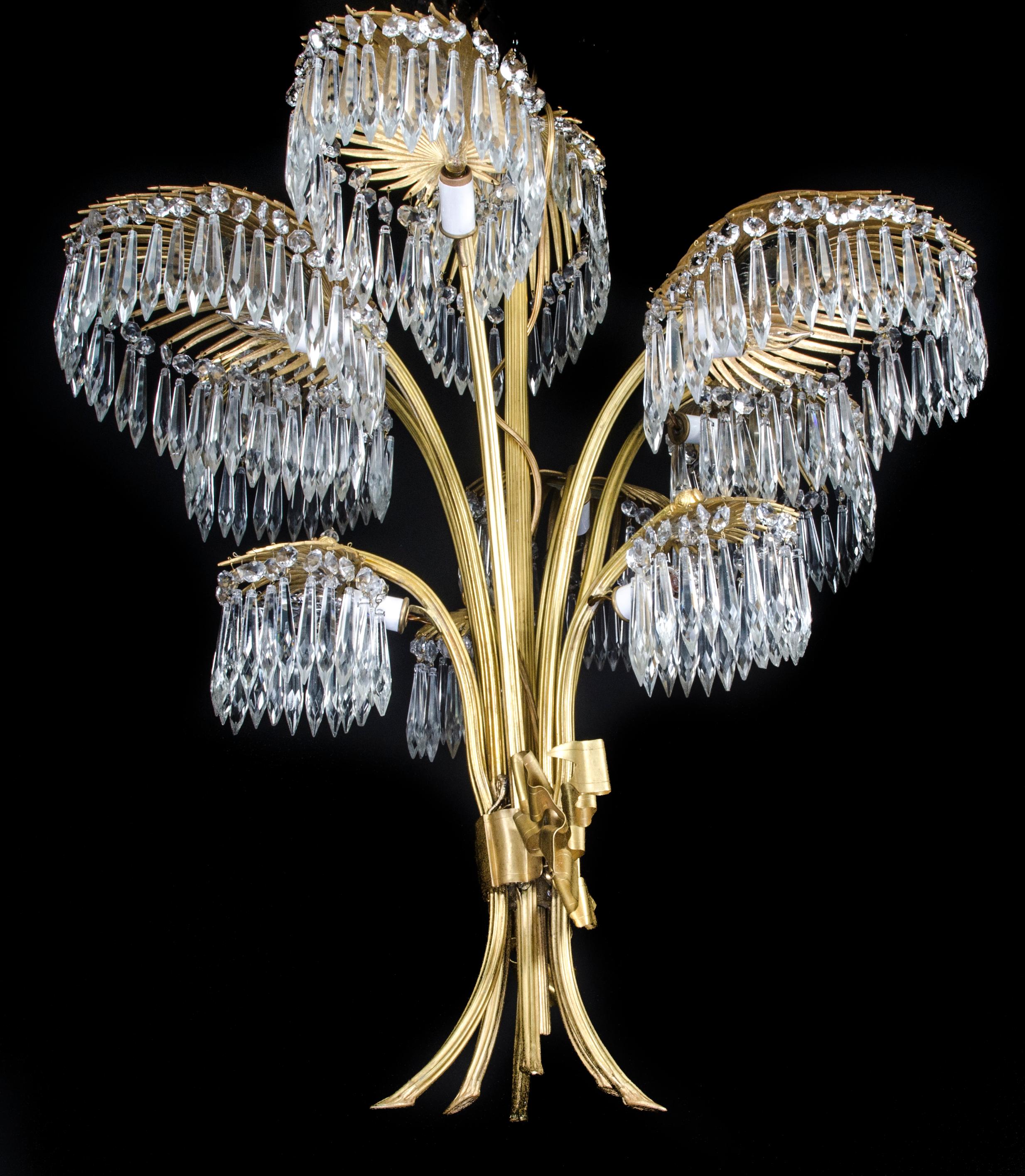 Antiker französischer Palmen-Kronleuchter aus vergoldeter Bronze und Kristall im Hollywood-Regency-Stil (Französisch) im Angebot