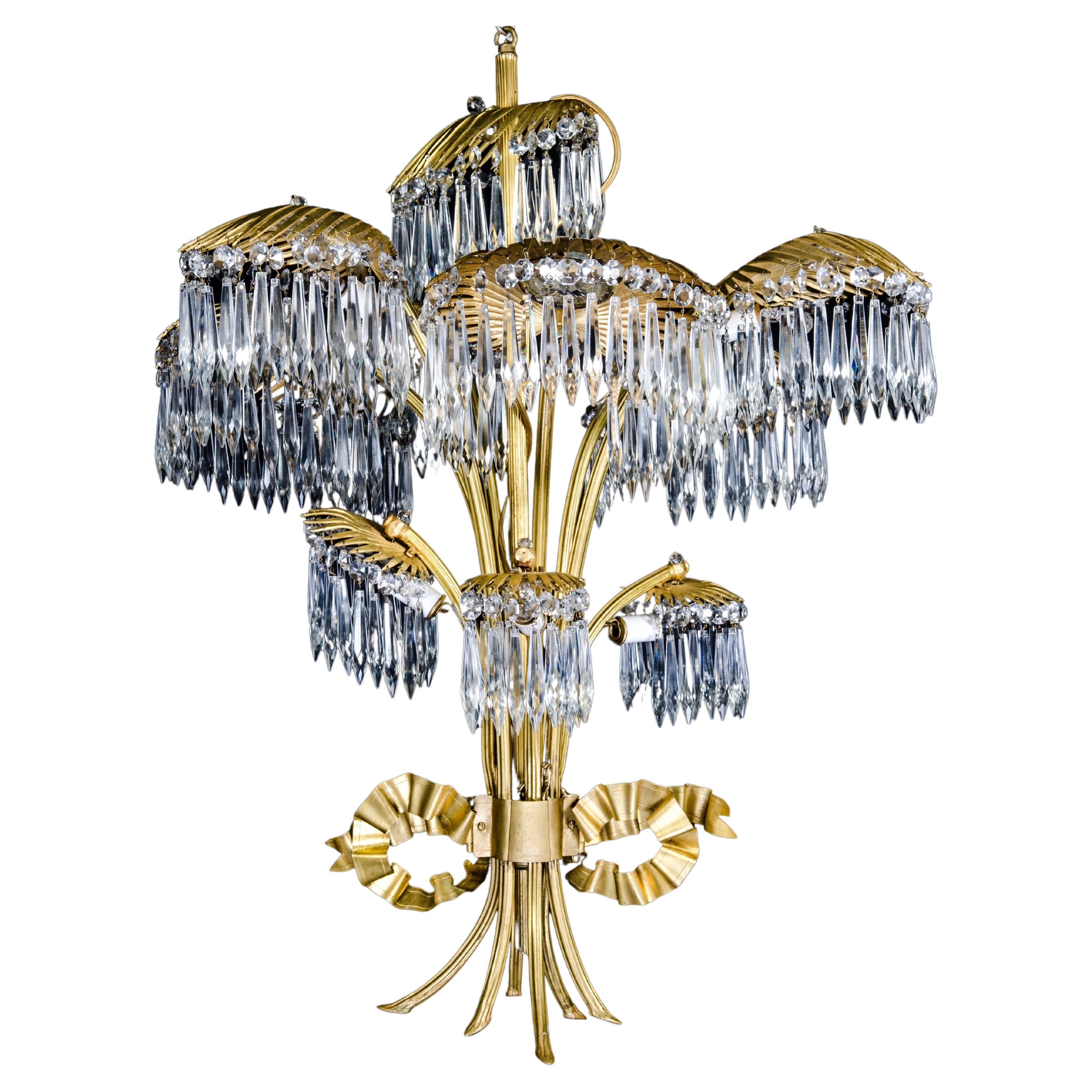 Antiker französischer Palmen-Kronleuchter aus vergoldeter Bronze und Kristall im Hollywood-Regency-Stil im Angebot