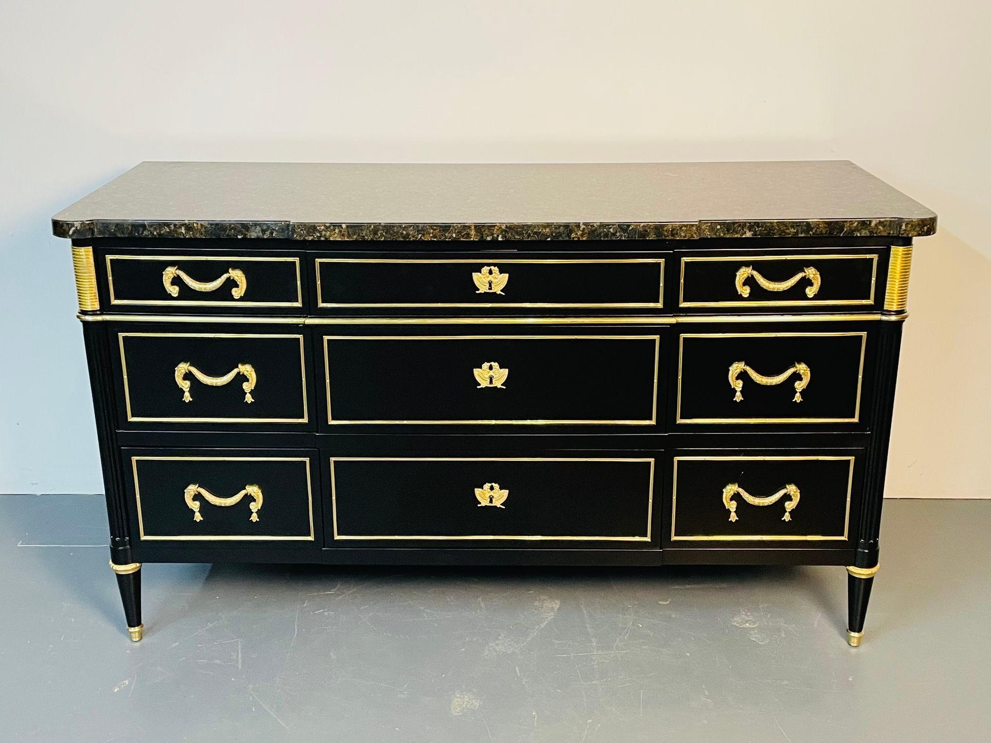 French Hollywood Regency chest or commode by Maison Jansen, bronze, marble.
A Hollywood Regency commode by Maison Jansen stamped Made in France. Nine drawers on this one of a kind stunning recently refinished to its original glory days chest. The