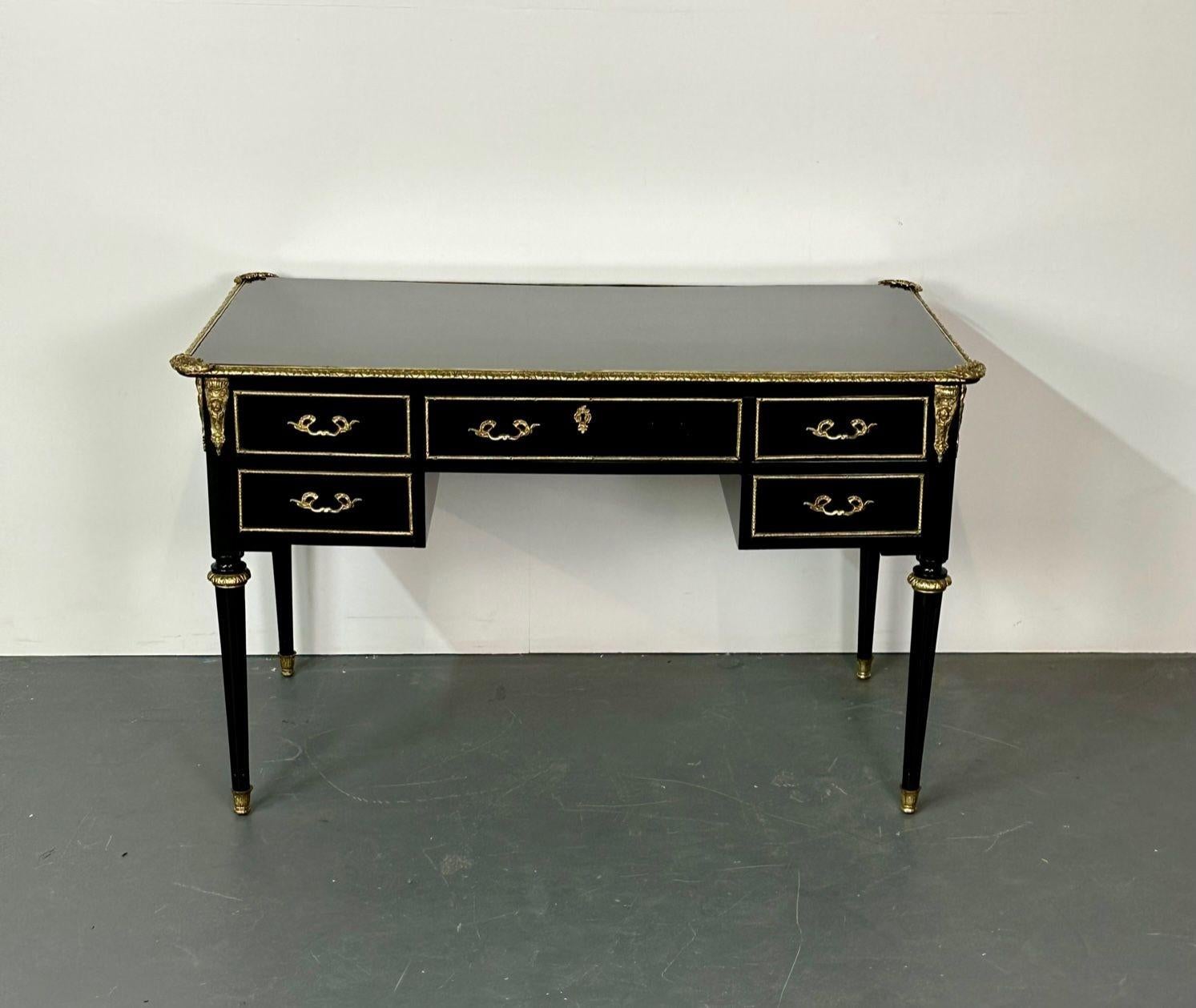 French Hollywood Regency Ebony Desk, Writing Table or Vanity, Bronze Mounted, 1930s For Sale