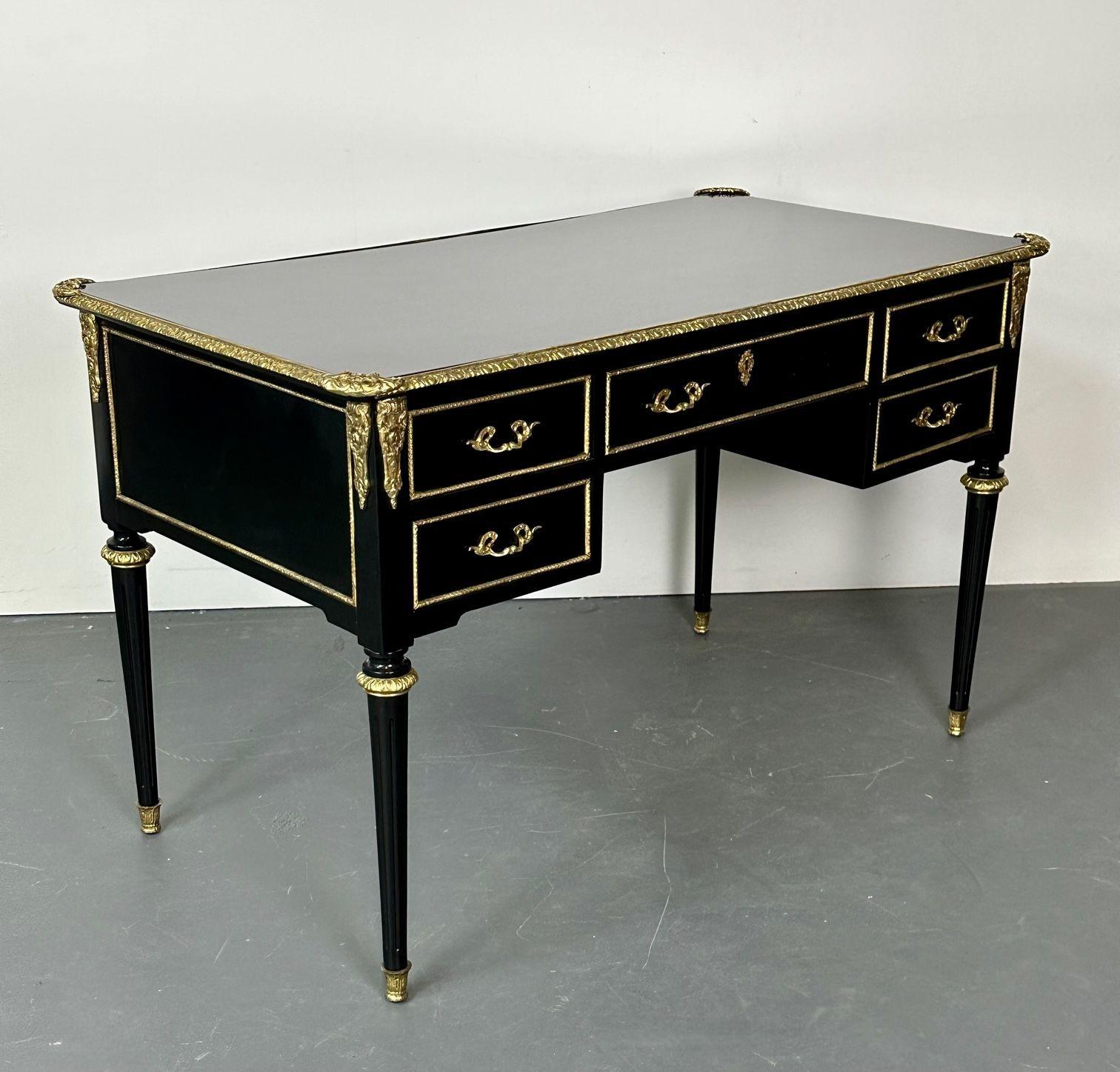 20th Century Hollywood Regency Ebony Desk, Writing Table or Vanity, Bronze Mounted, 1930s For Sale
