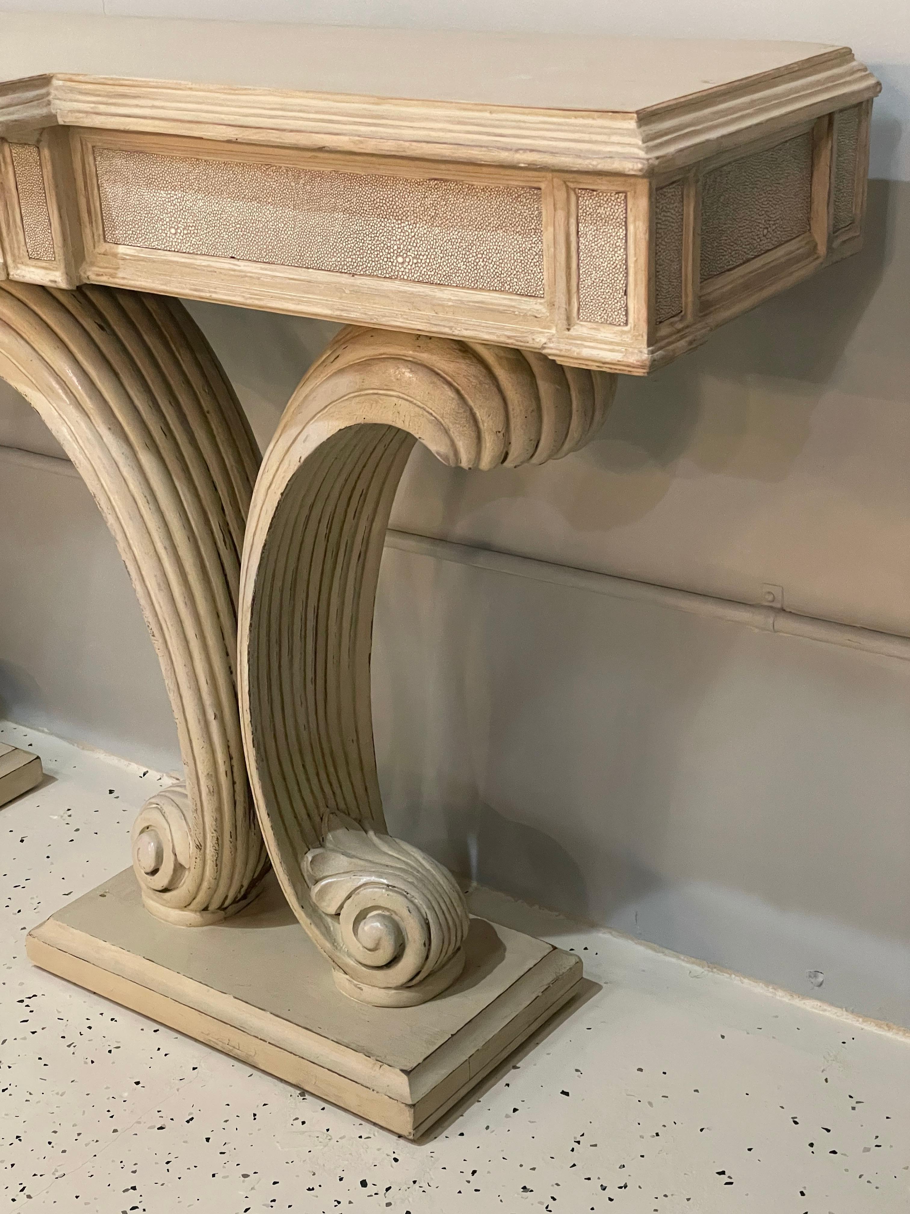 Wood Hollywood Regency Fleur de Lis Double Pedestal Console Table