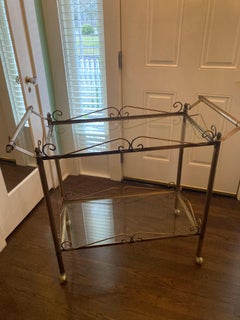 Hollywood Regency French Brass and Glass Two Tier Bar Cart on Wheels