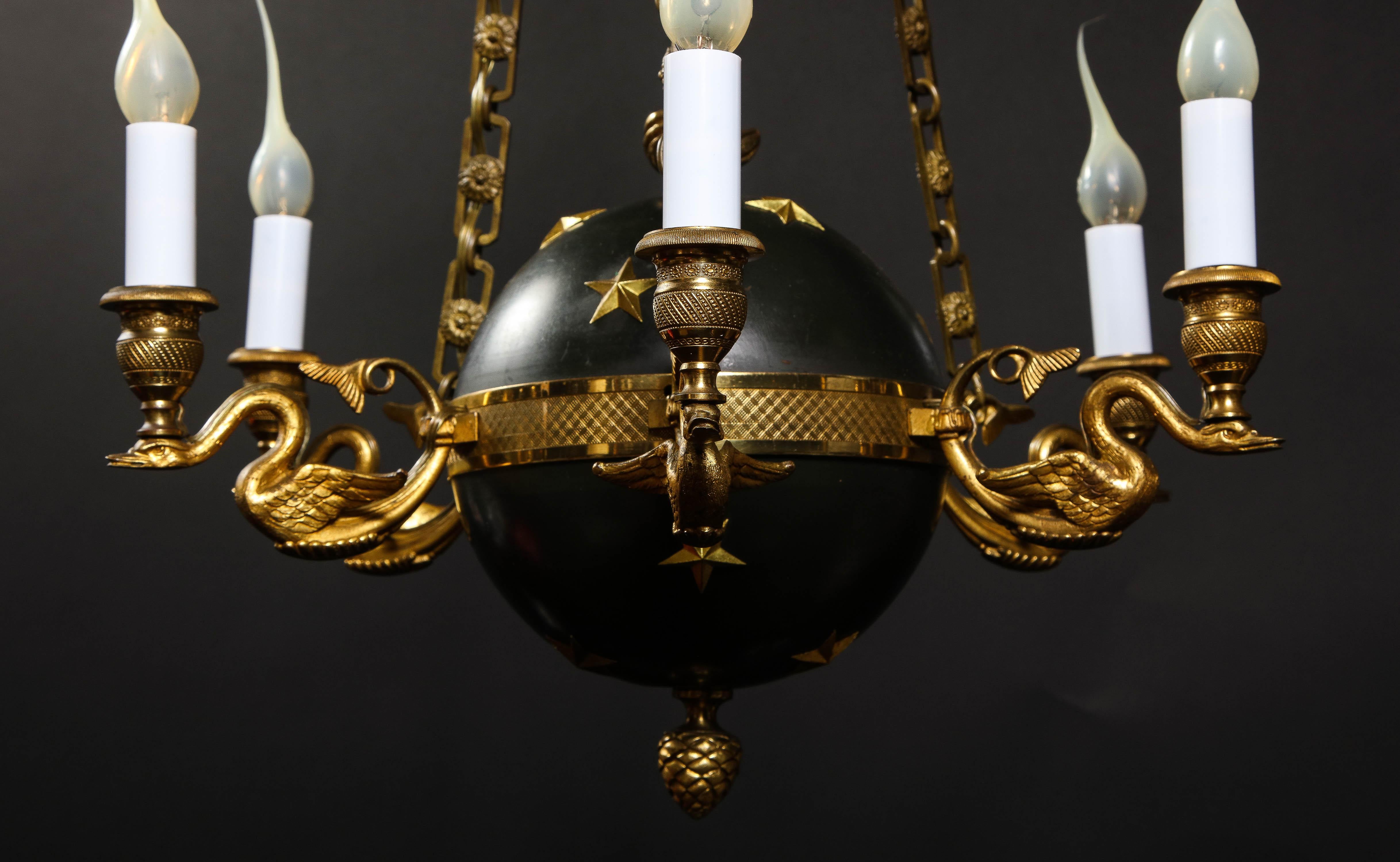Hollywood Regency Gilt Bronze and Patinated Bronze Ball Form Swan Chandelier For Sale 5