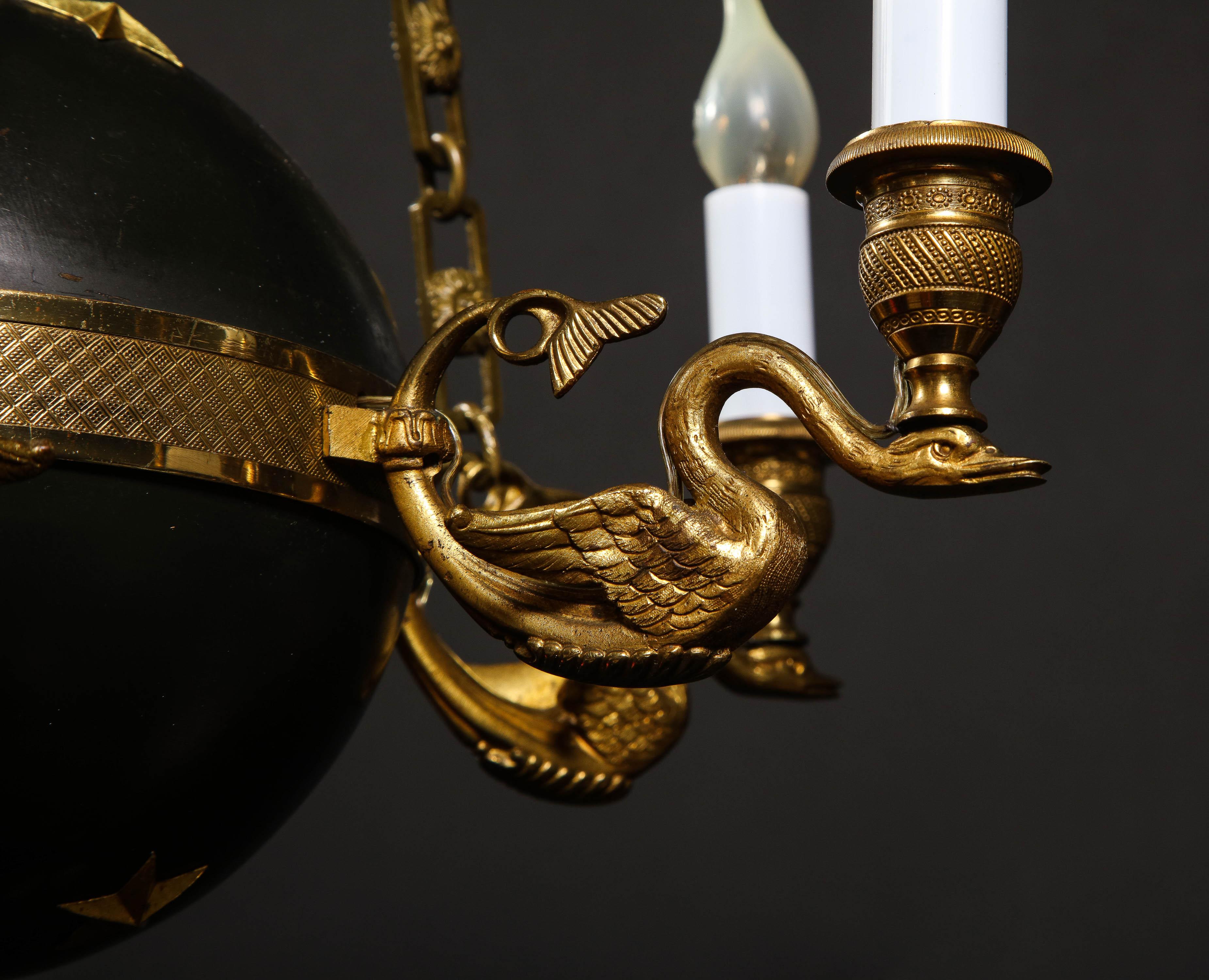 Hollywood Regency Gilt Bronze and Patinated Bronze Ball Form Swan Chandelier For Sale 6