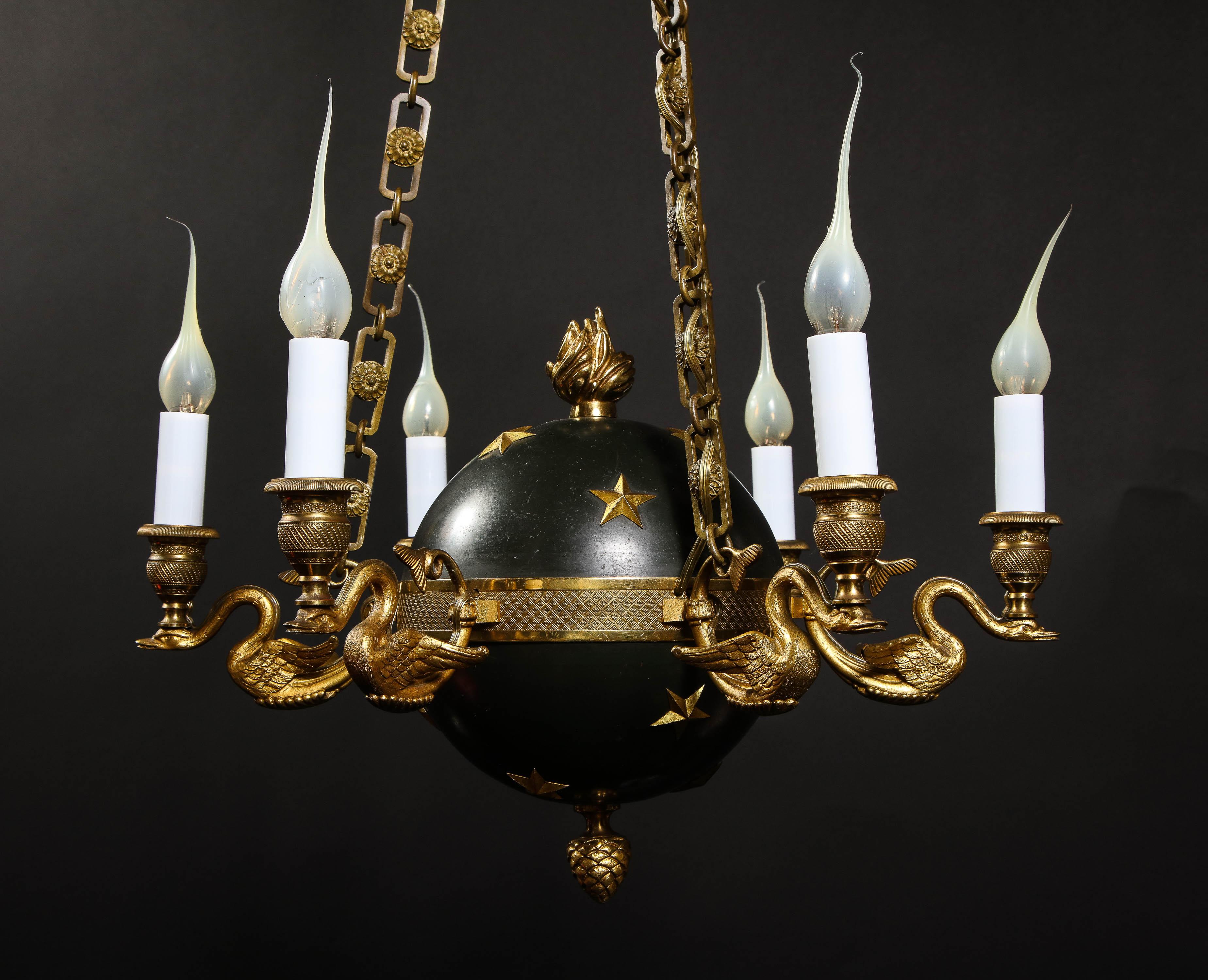 Hollywood Regency Gilt Bronze and Patinated Bronze Ball Form Swan Chandelier For Sale 7
