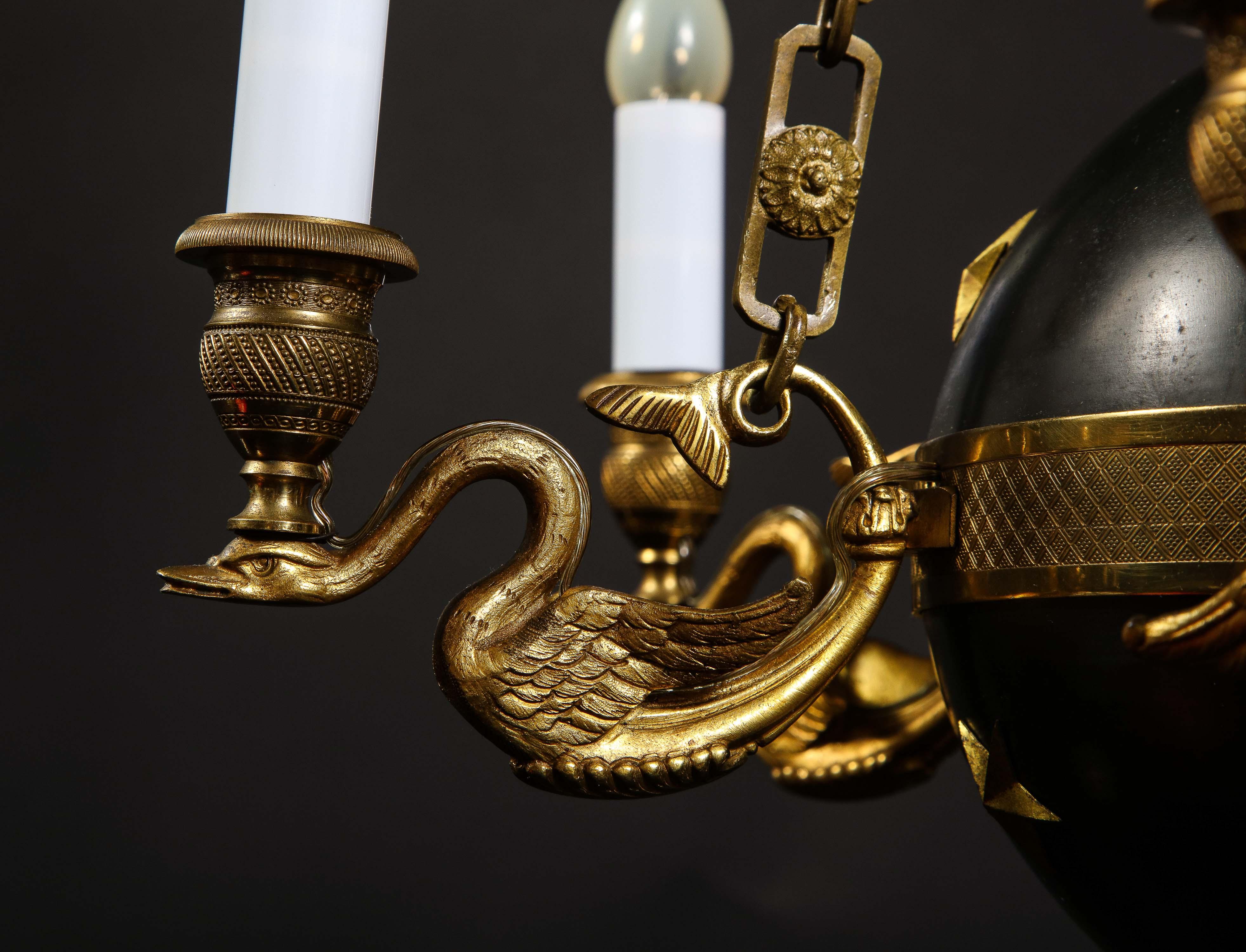 Hollywood Regency Gilt Bronze and Patinated Bronze Ball Form Swan Chandelier For Sale 8