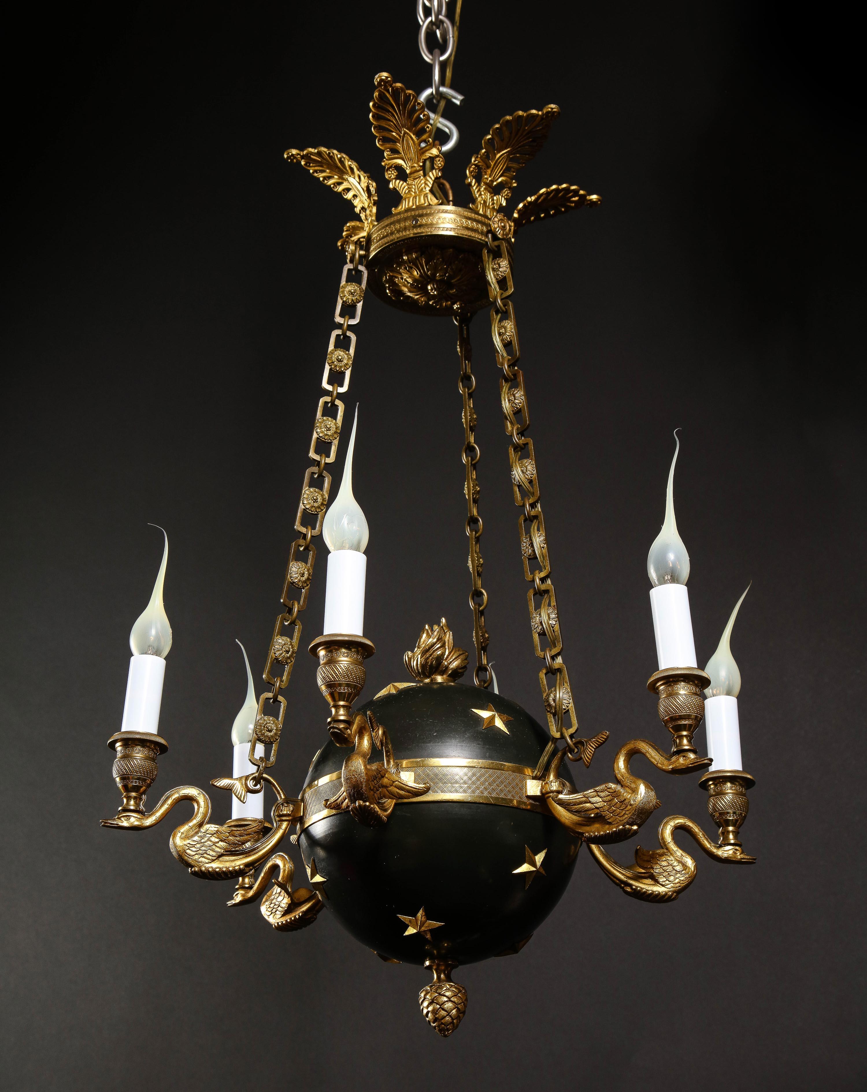 Hollywood Regency Gilt Bronze and Patinated Bronze Ball Form Swan Chandelier For Sale 12