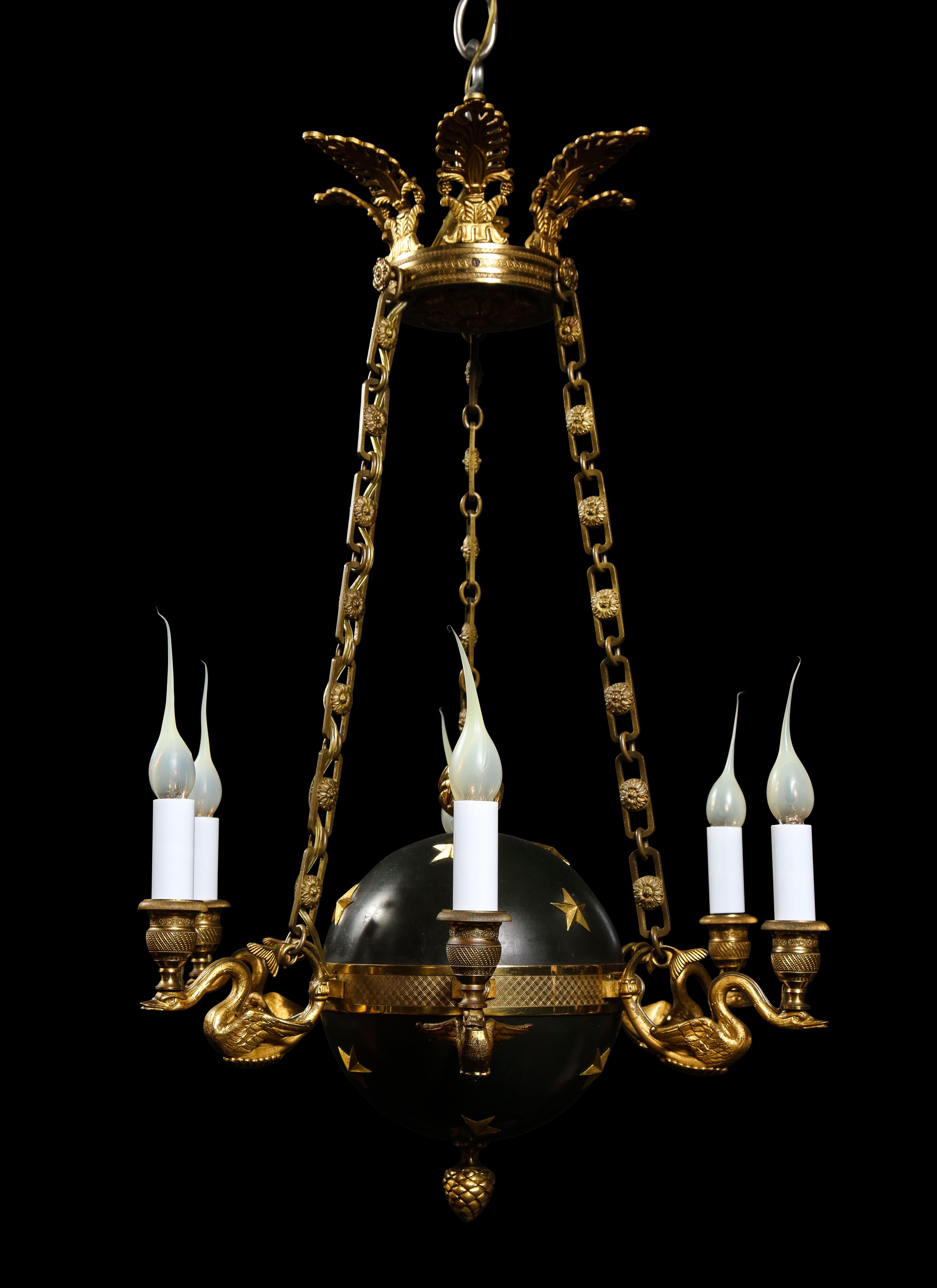 French Hollywood Regency Gilt Bronze and Patinated Bronze Ball Form Swan Chandelier For Sale