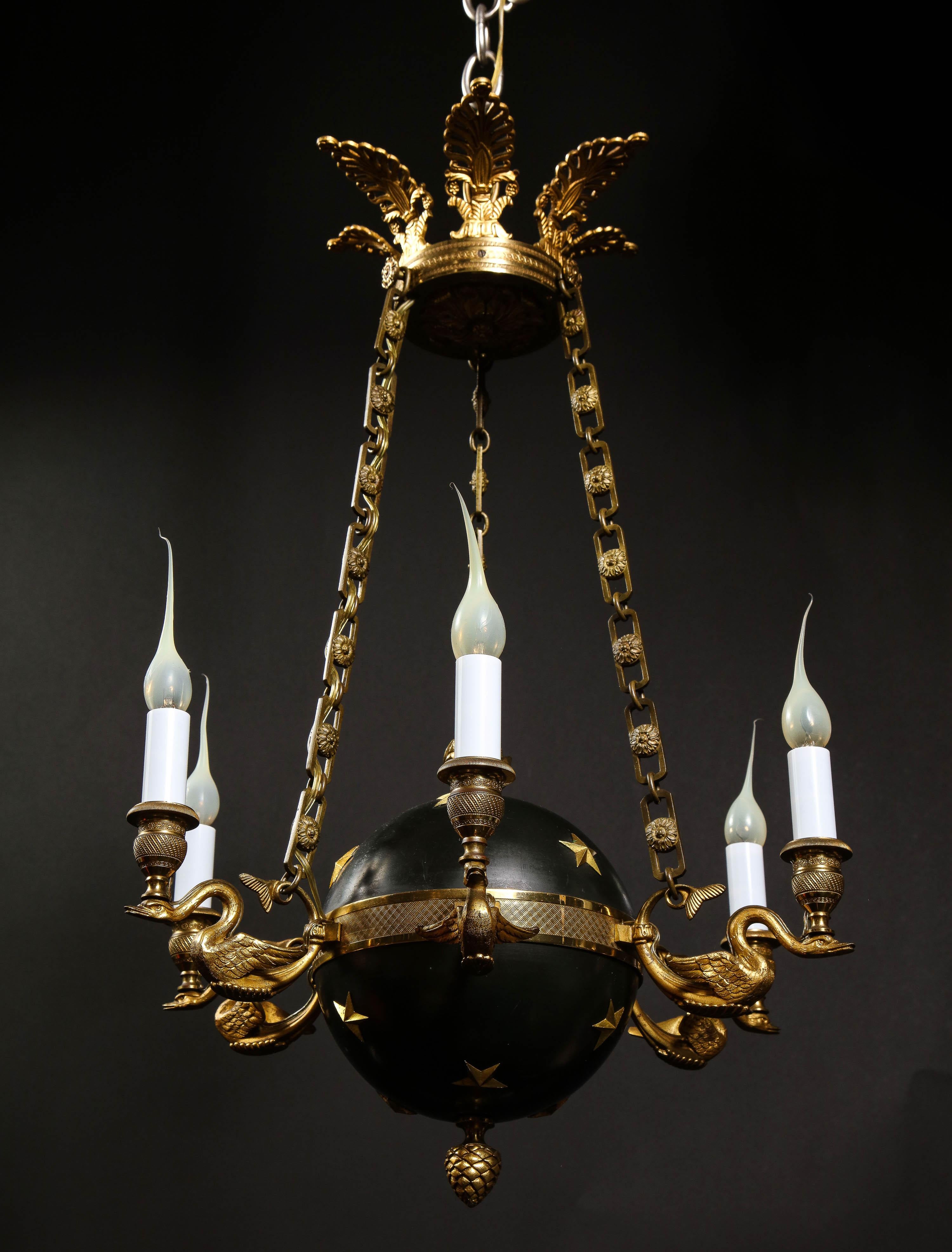 Hollywood Regency Gilt Bronze and Patinated Bronze Ball Form Swan Chandelier For Sale 1