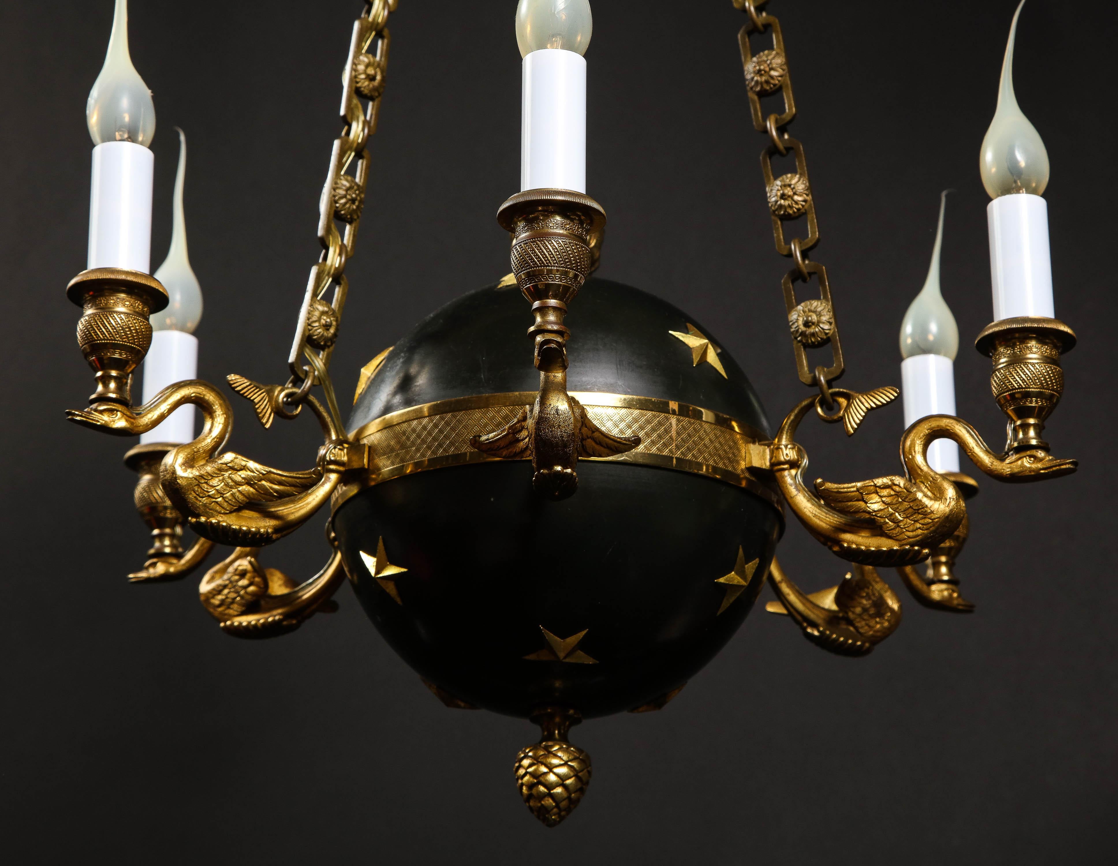 Hollywood Regency Gilt Bronze and Patinated Bronze Ball Form Swan Chandelier For Sale 2