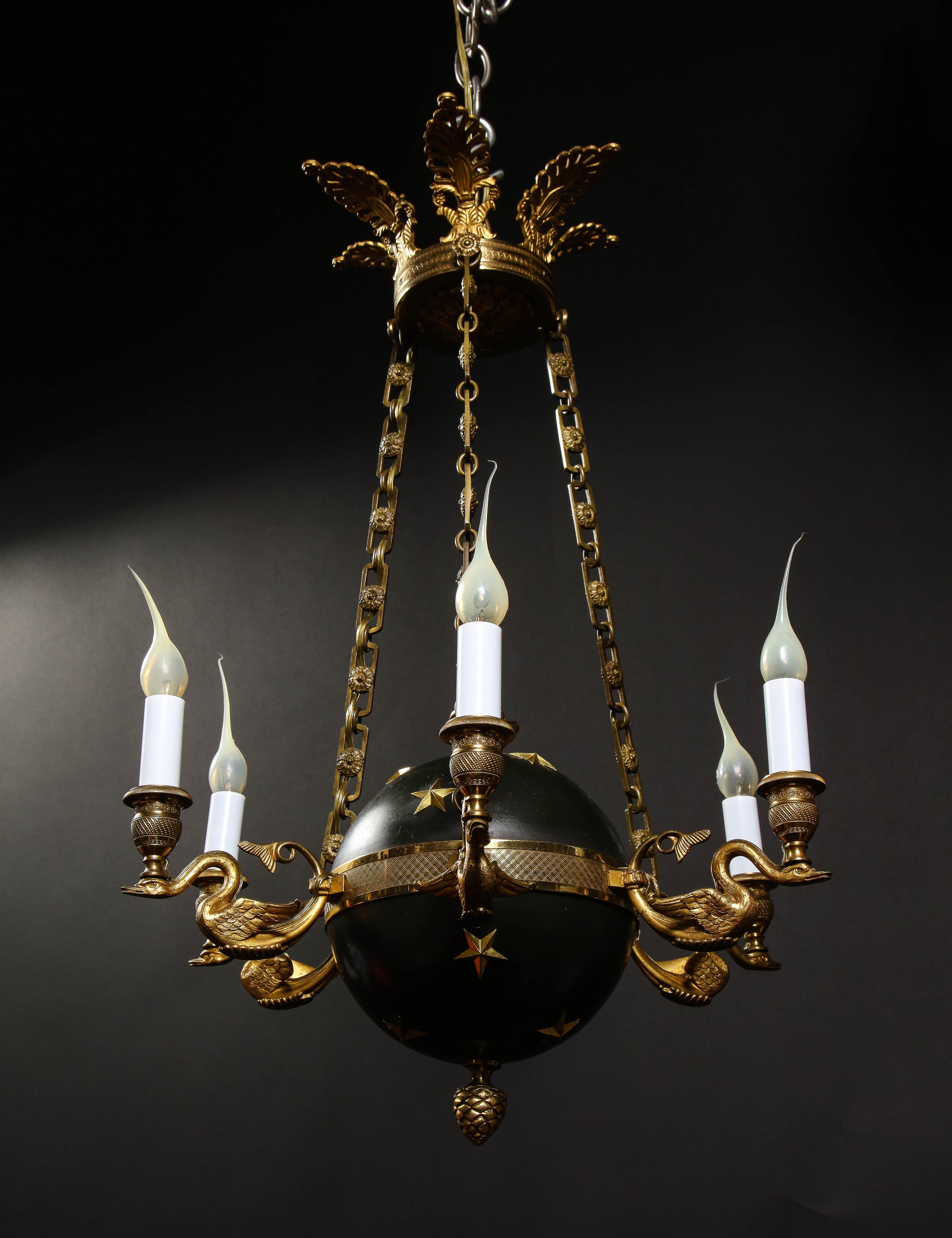 Hollywood Regency Gilt Bronze and Patinated Bronze Ball Form Swan Chandelier For Sale 3