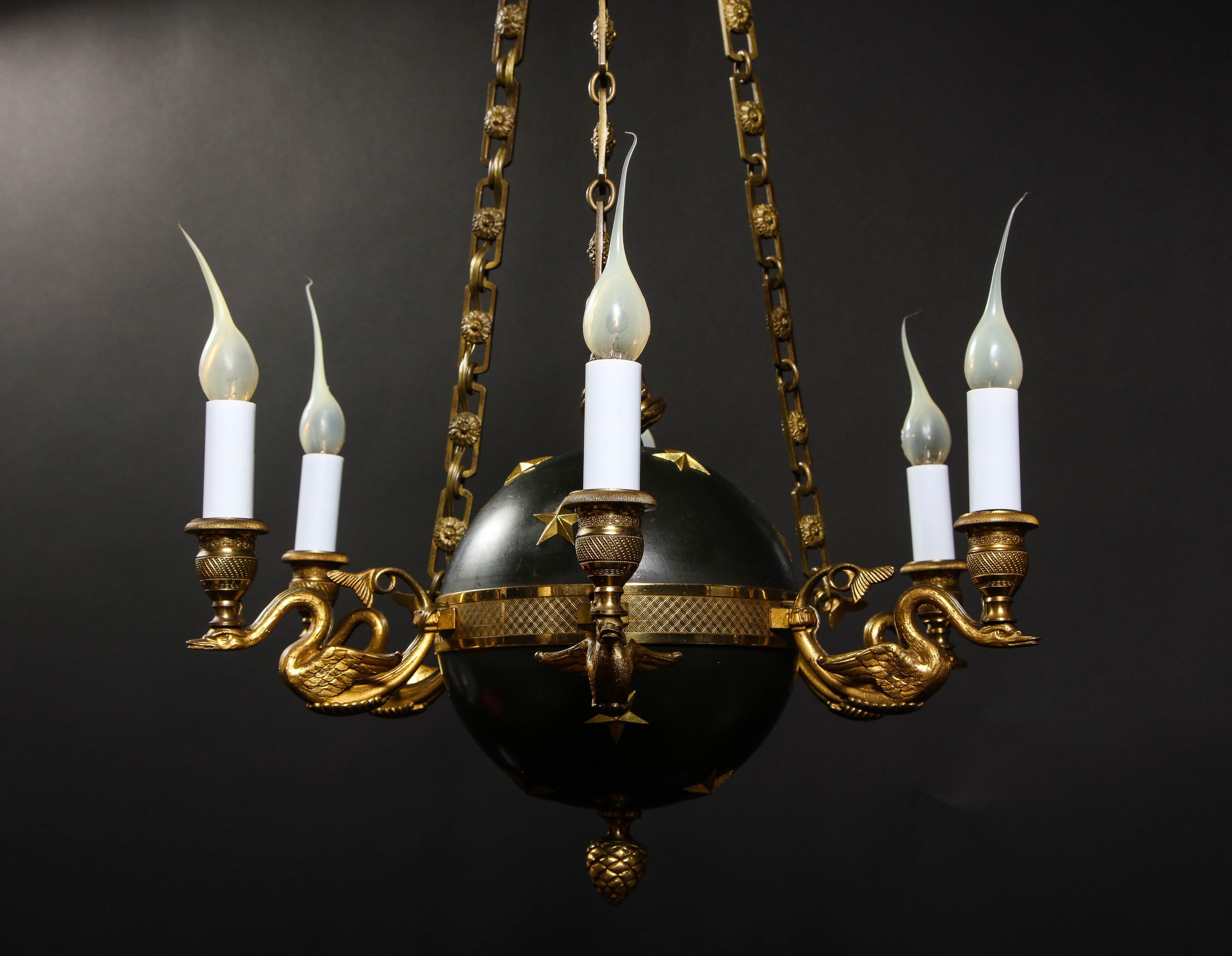 Hollywood Regency Gilt Bronze and Patinated Bronze Ball Form Swan Chandelier For Sale 4
