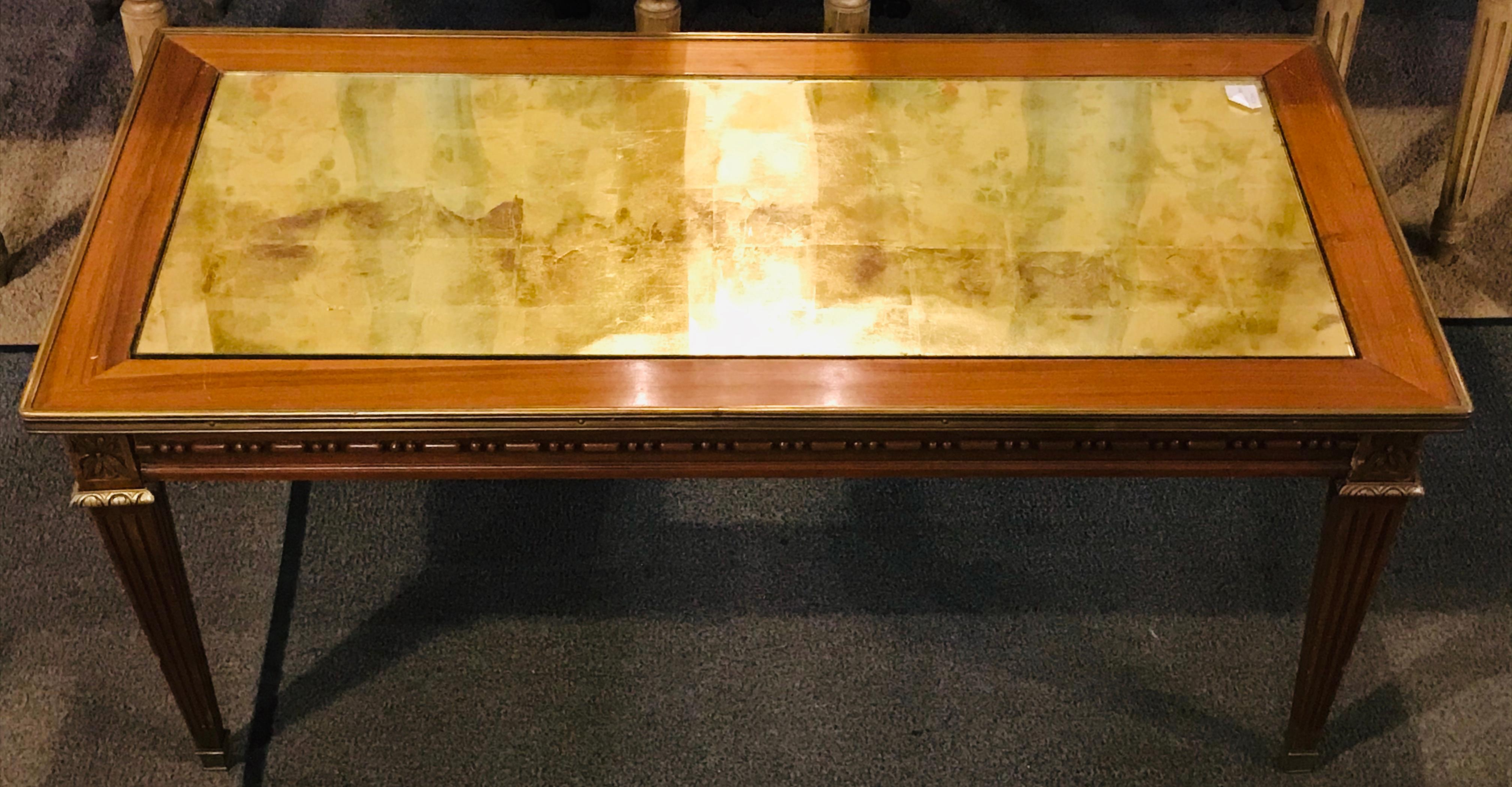 Hollywood Regency Mahogany Gilt Glass Top Jansen Style Coffee Table 1