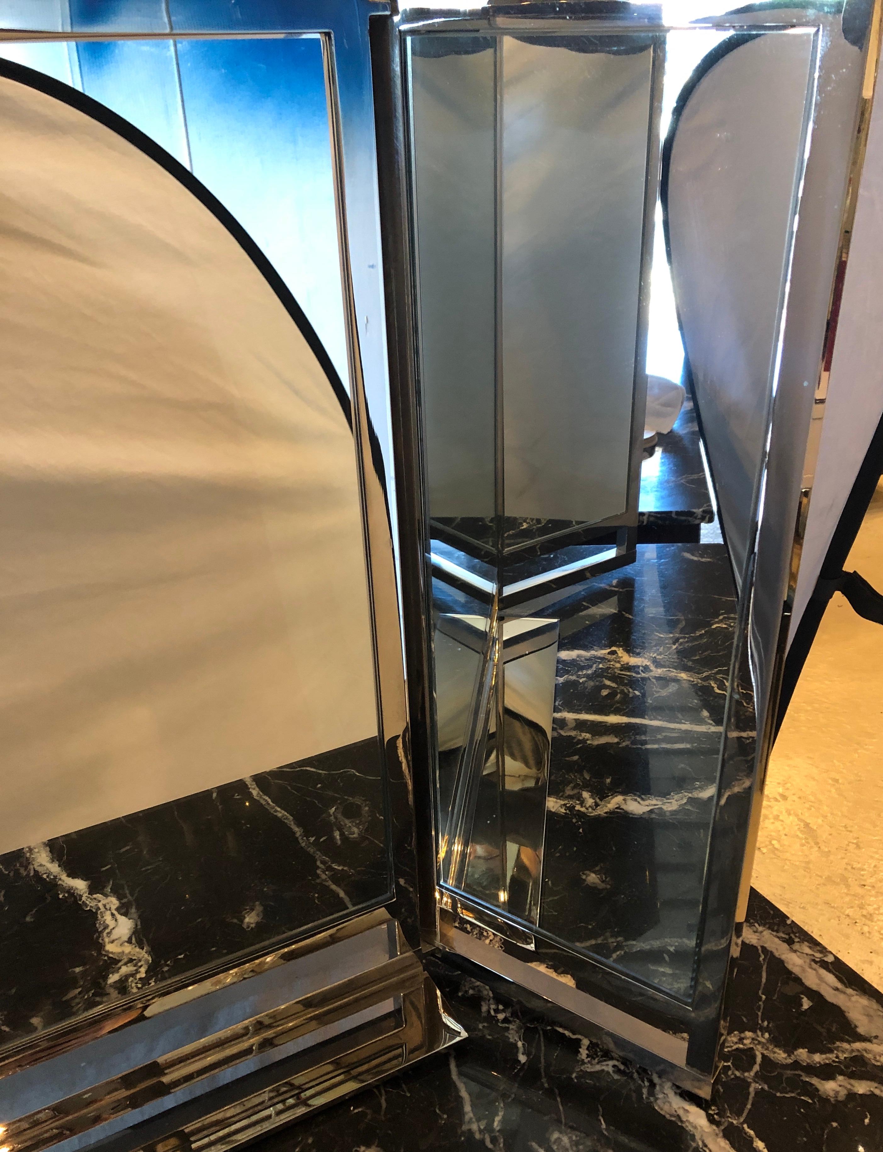 Hollywood Regency Solid Heavy Chrome Plated Tri-Fold Vanity or Table Mirror In Good Condition In Stamford, CT