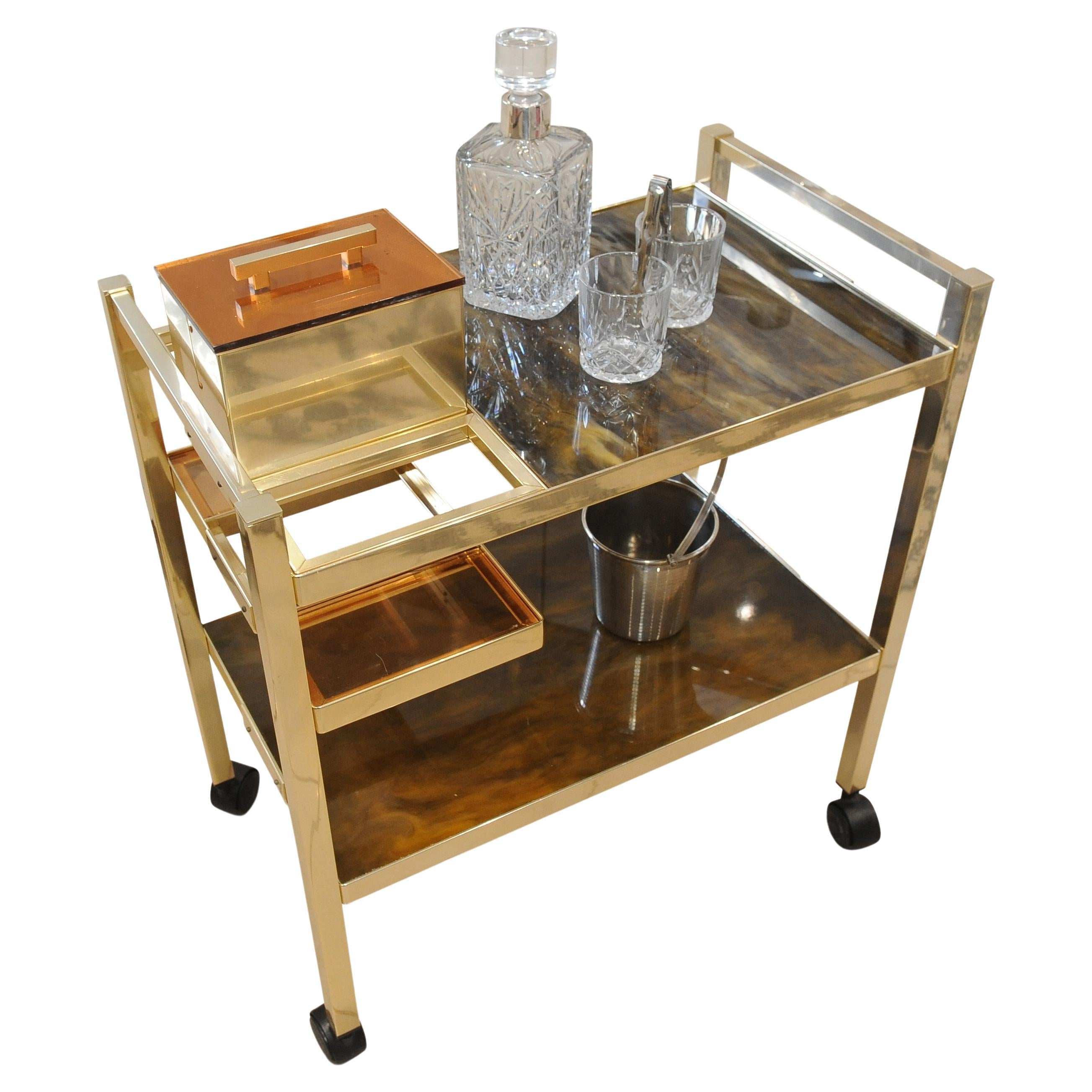 Carrito de bar danés de aluminio y lucite de dos pisos marmolizados Años 70