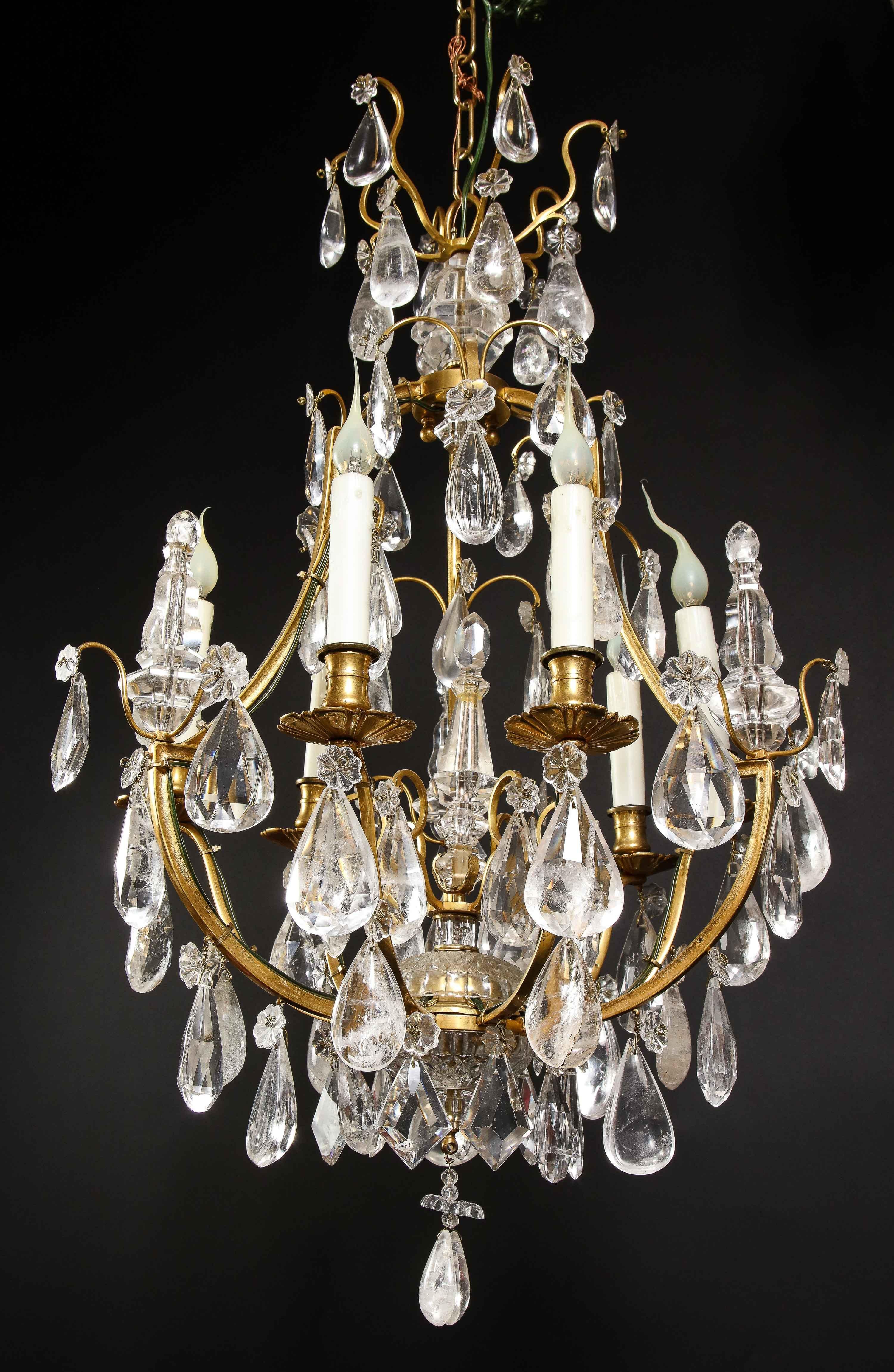 Hollywood Regency Style Gilt Bronze and Cut Rock Crystal Cage Form Chandelier For Sale 11