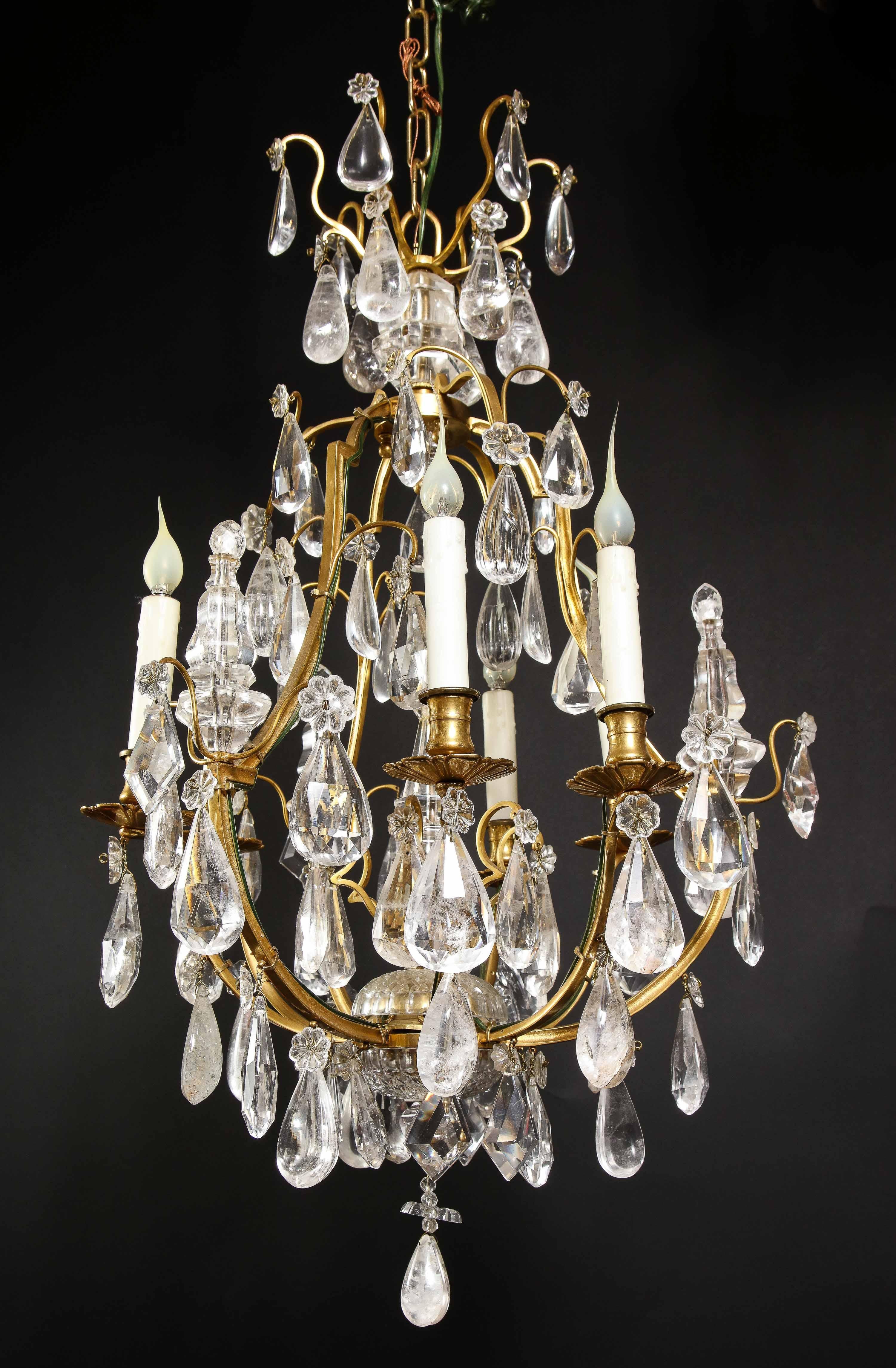 Hollywood Regency Style Gilt Bronze and Cut Rock Crystal Cage Form Chandelier For Sale 13