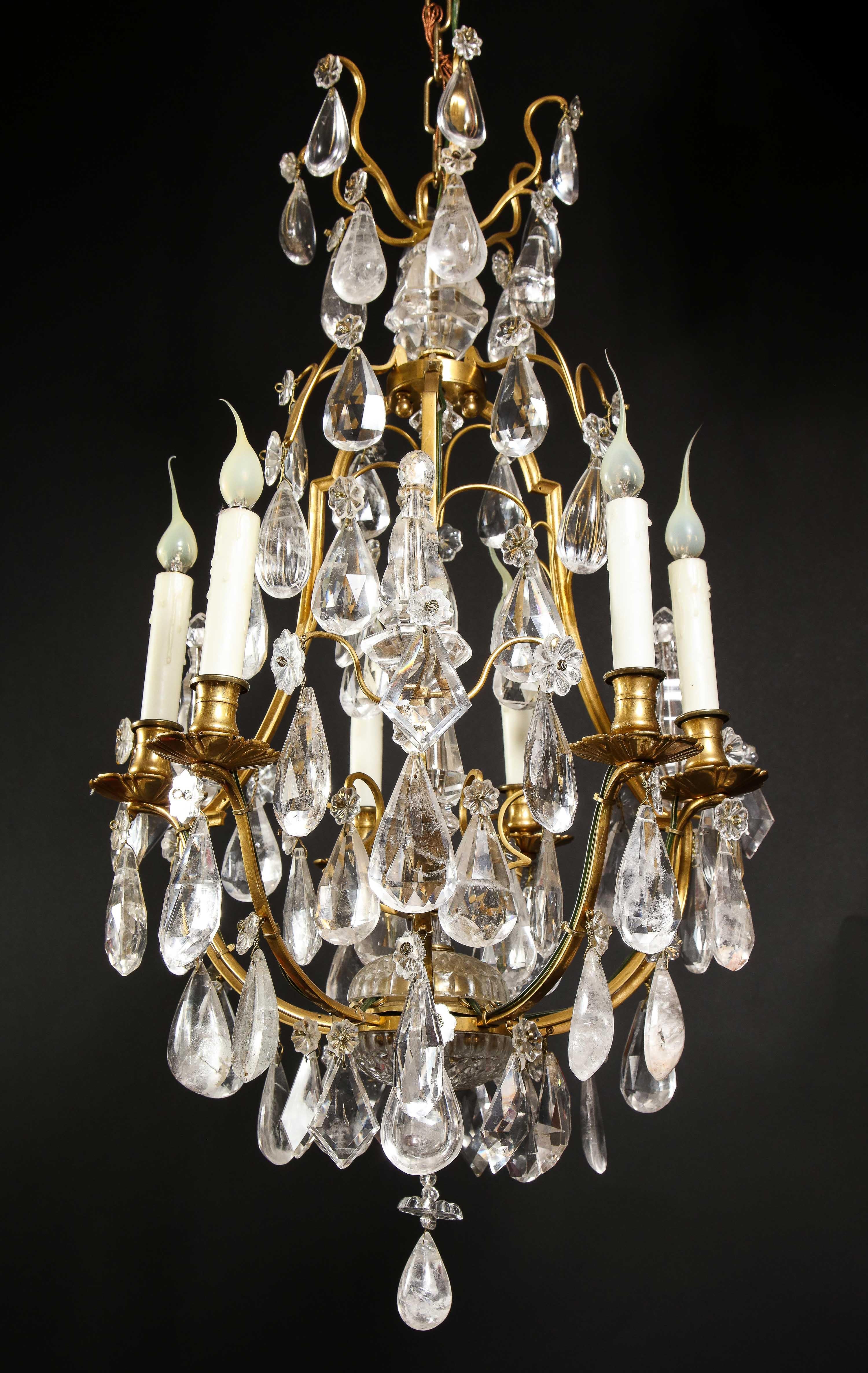 Hollywood Regency Style Gilt Bronze and Cut Rock Crystal Cage Form Chandelier For Sale 14