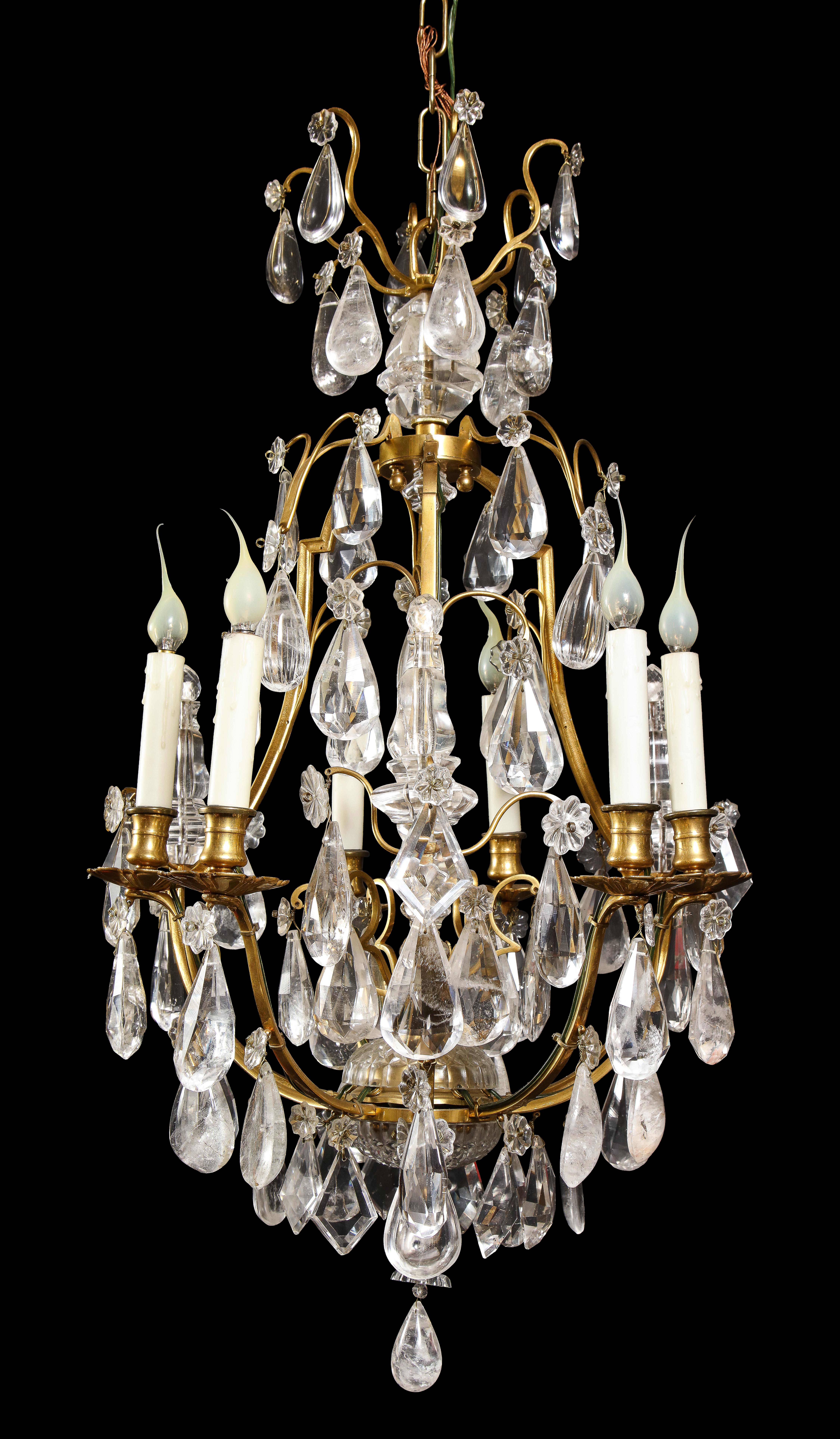 French Hollywood Regency Style Gilt Bronze and Cut Rock Crystal Cage Form Chandelier For Sale