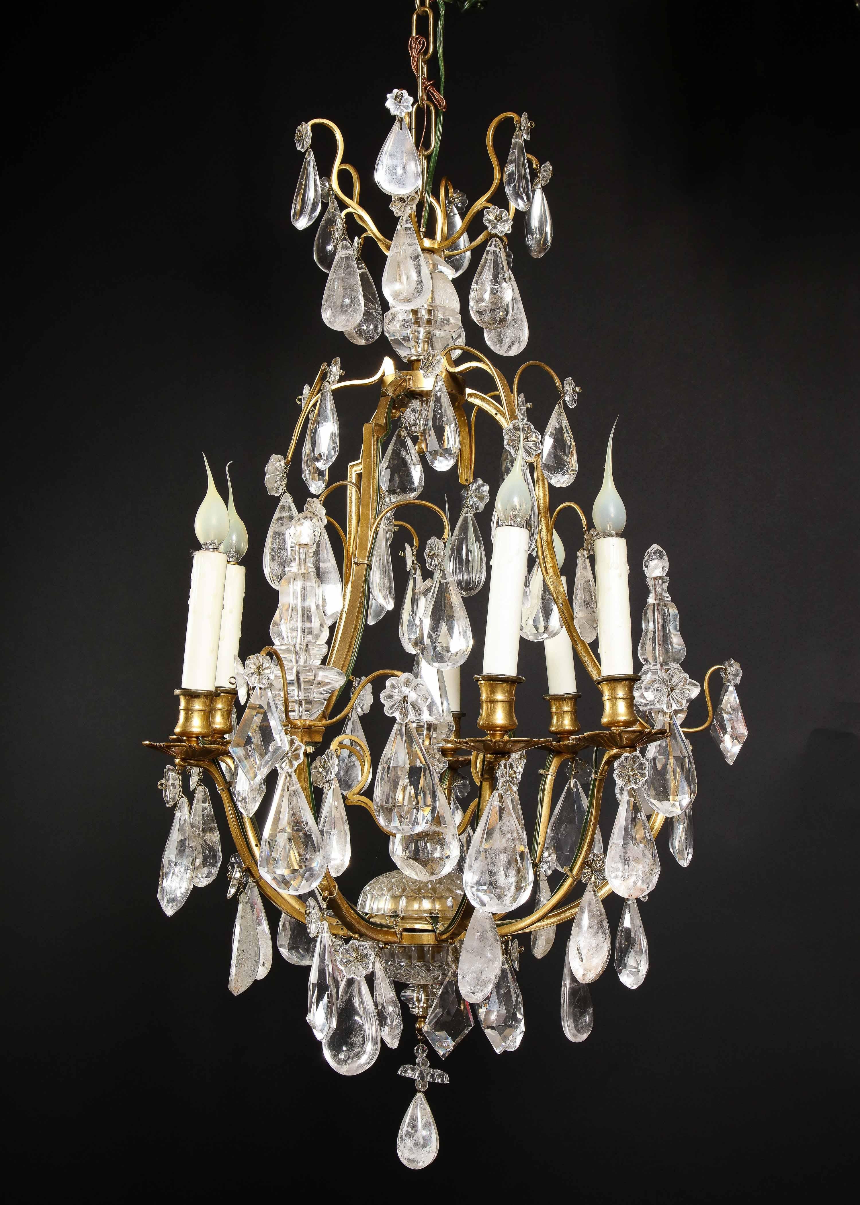 Hollywood Regency Style Gilt Bronze and Cut Rock Crystal Cage Form Chandelier In Good Condition For Sale In New York, NY