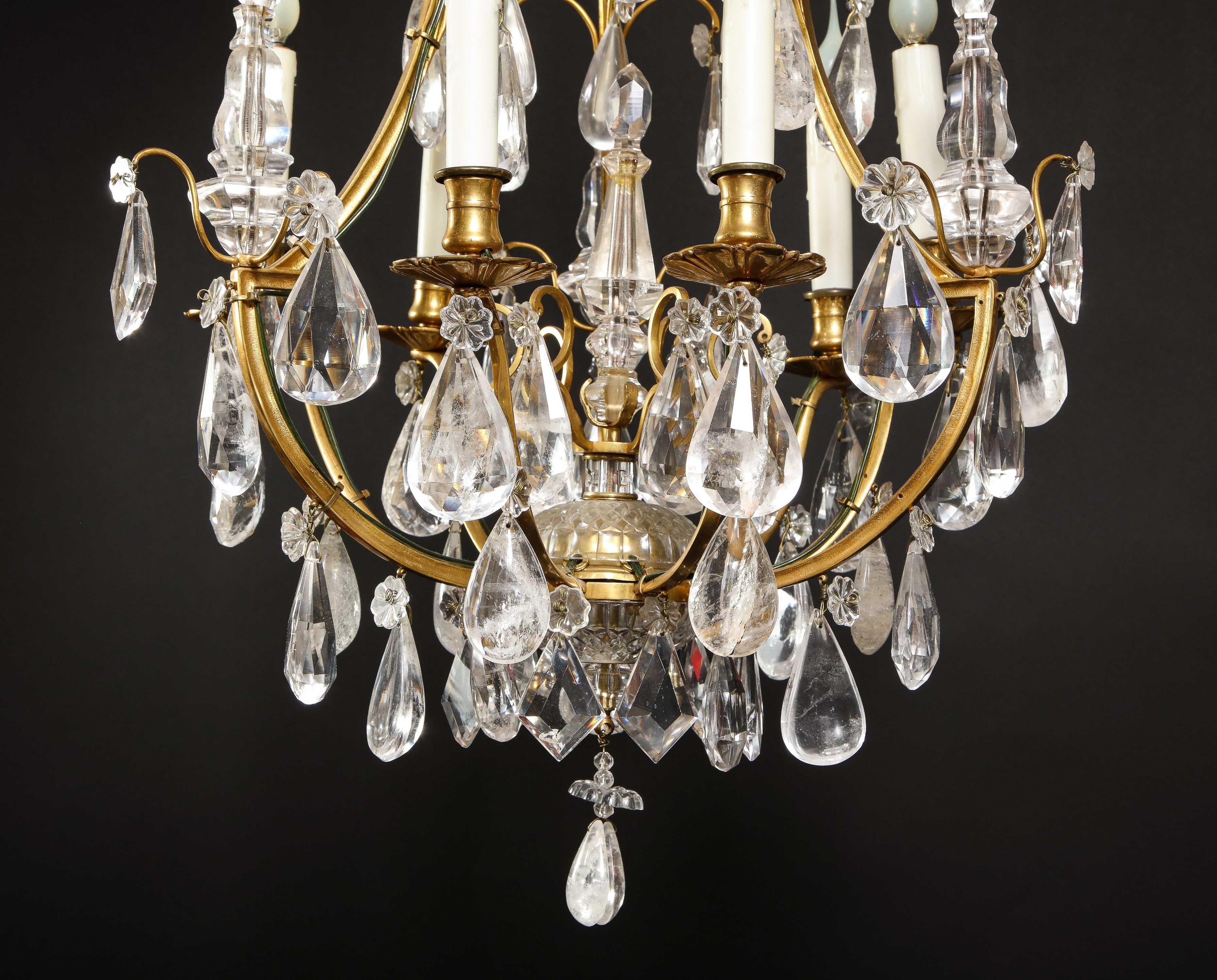 20th Century Hollywood Regency Style Gilt Bronze and Cut Rock Crystal Cage Form Chandelier For Sale