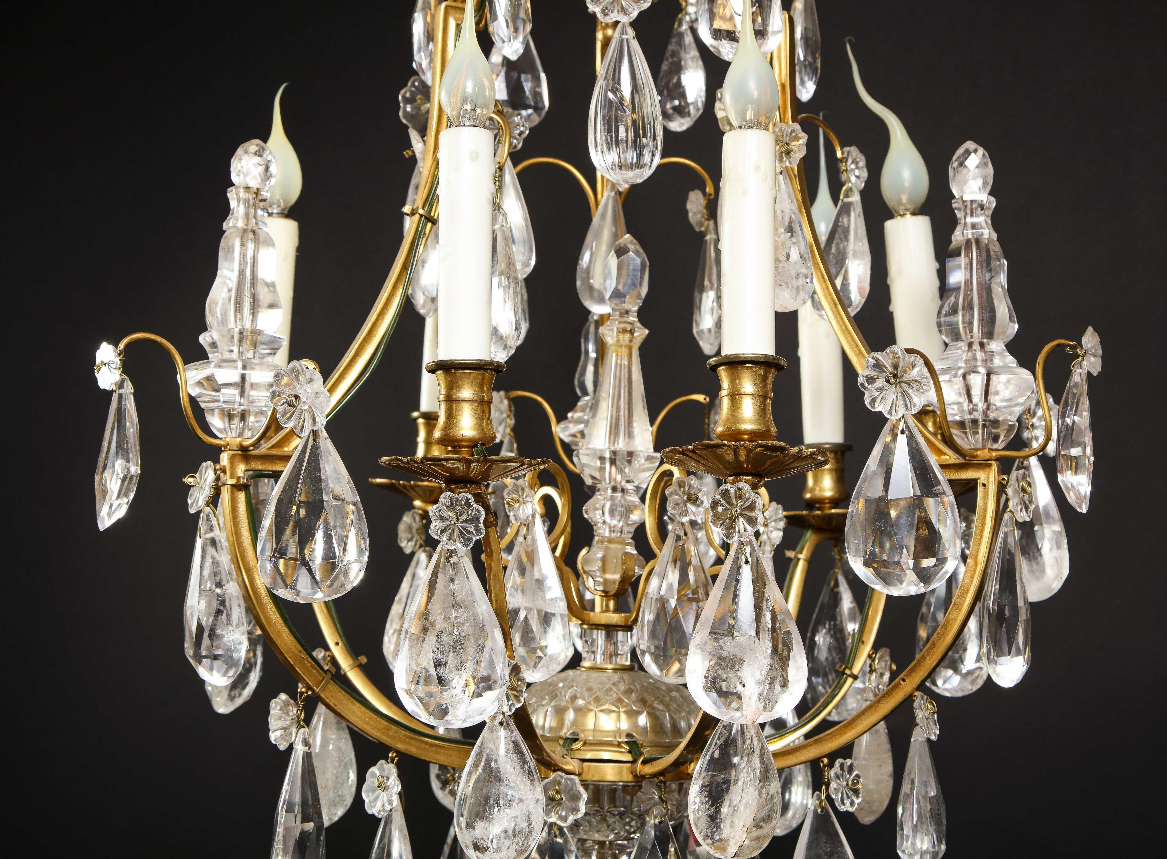 Hollywood Regency Style Gilt Bronze and Cut Rock Crystal Cage Form Chandelier For Sale 1
