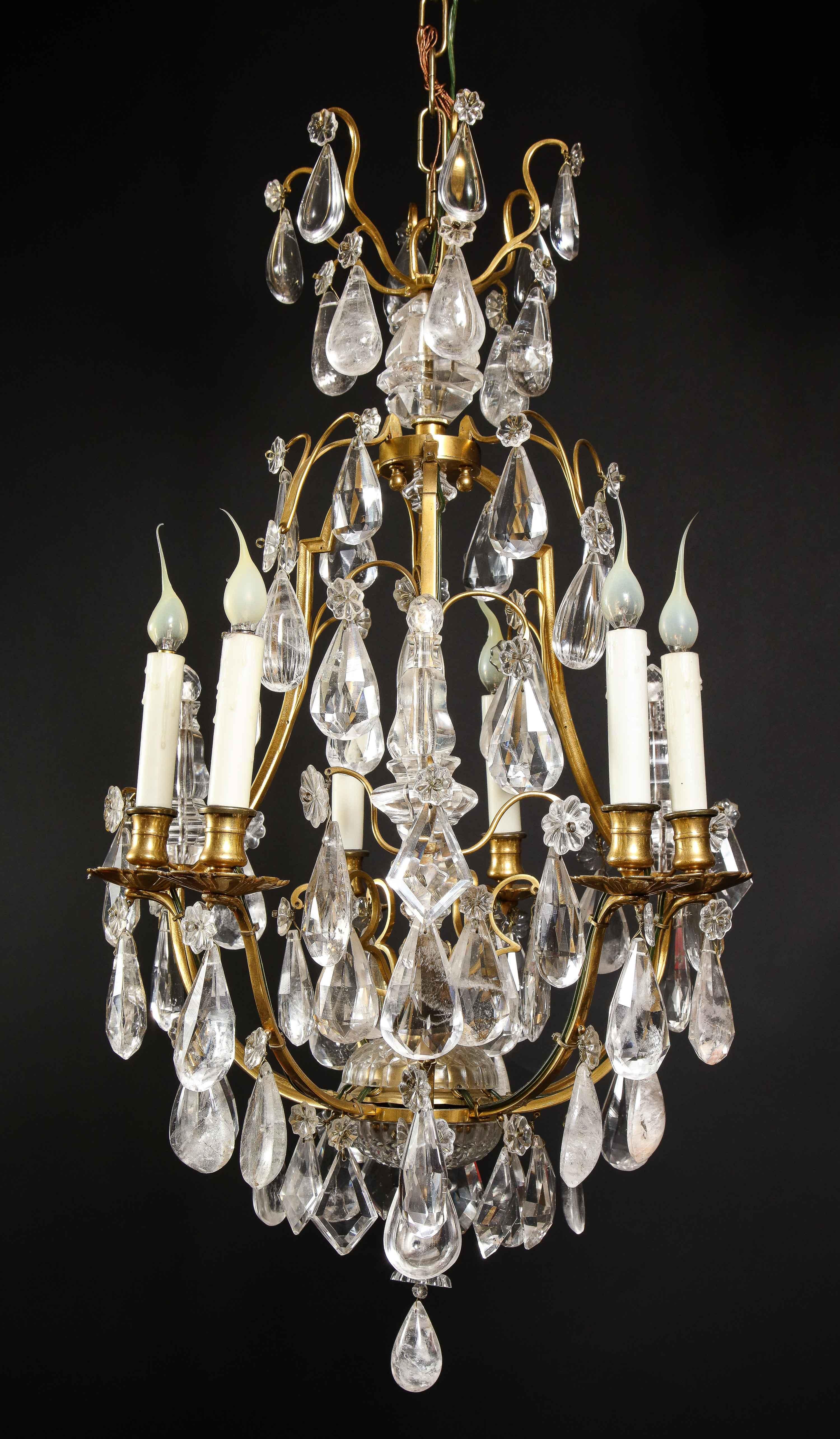 Hollywood Regency Style Gilt Bronze and Cut Rock Crystal Cage Form Chandelier For Sale 3