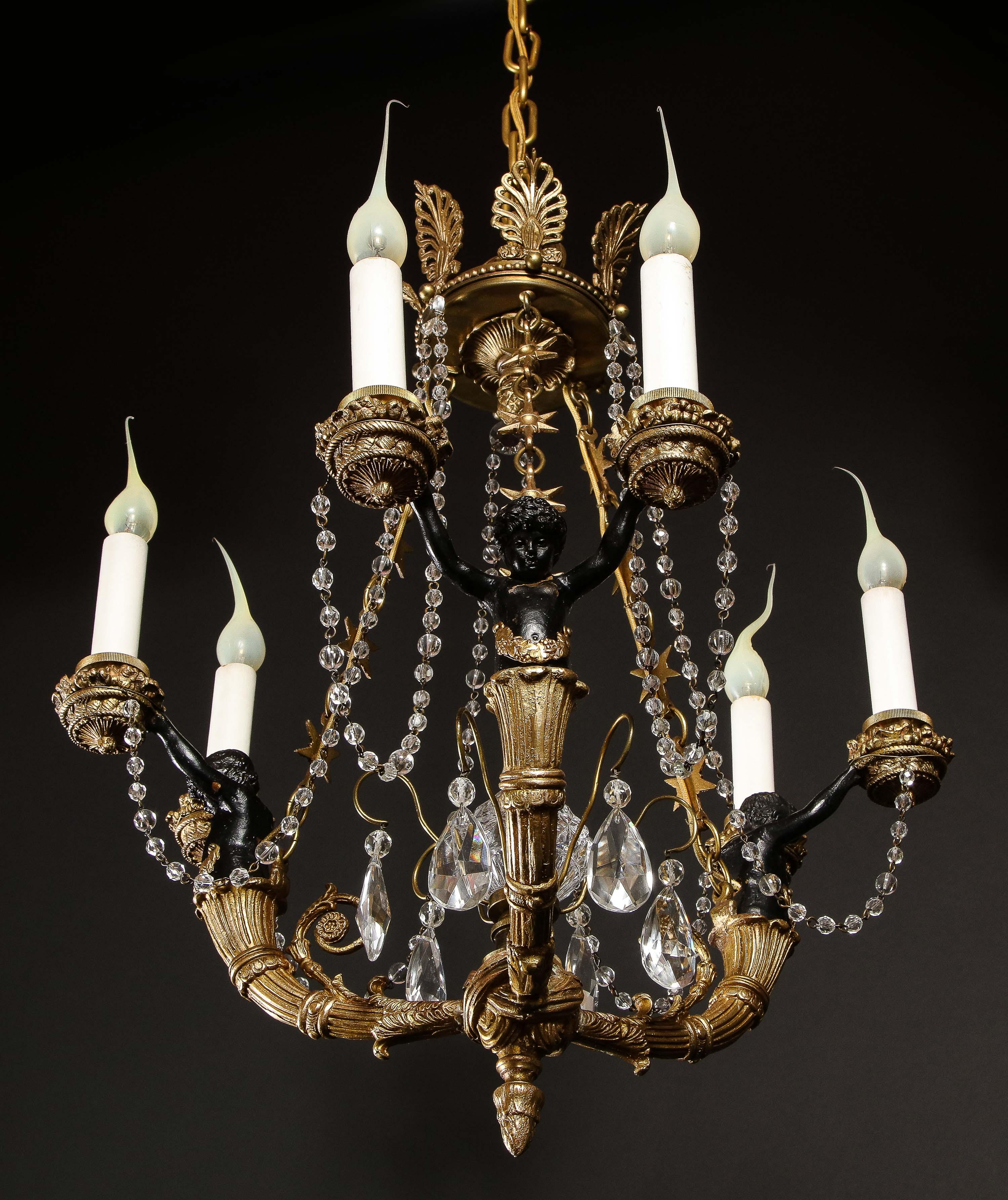 Hollywood Regency Style Gilt Bronze and Glass Figural Chandelier 14