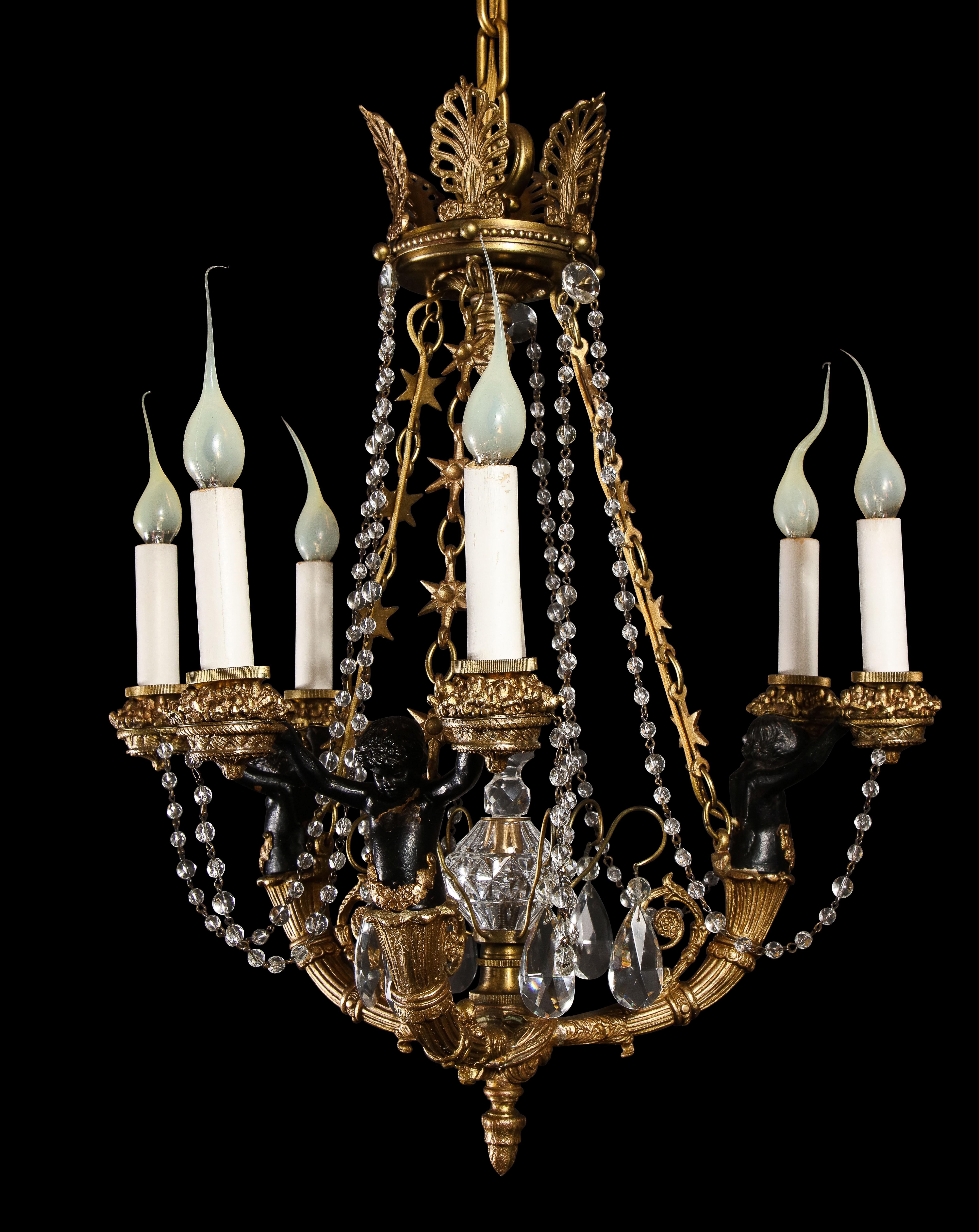 French Hollywood Regency Style Gilt Bronze and Glass Figural Chandelier