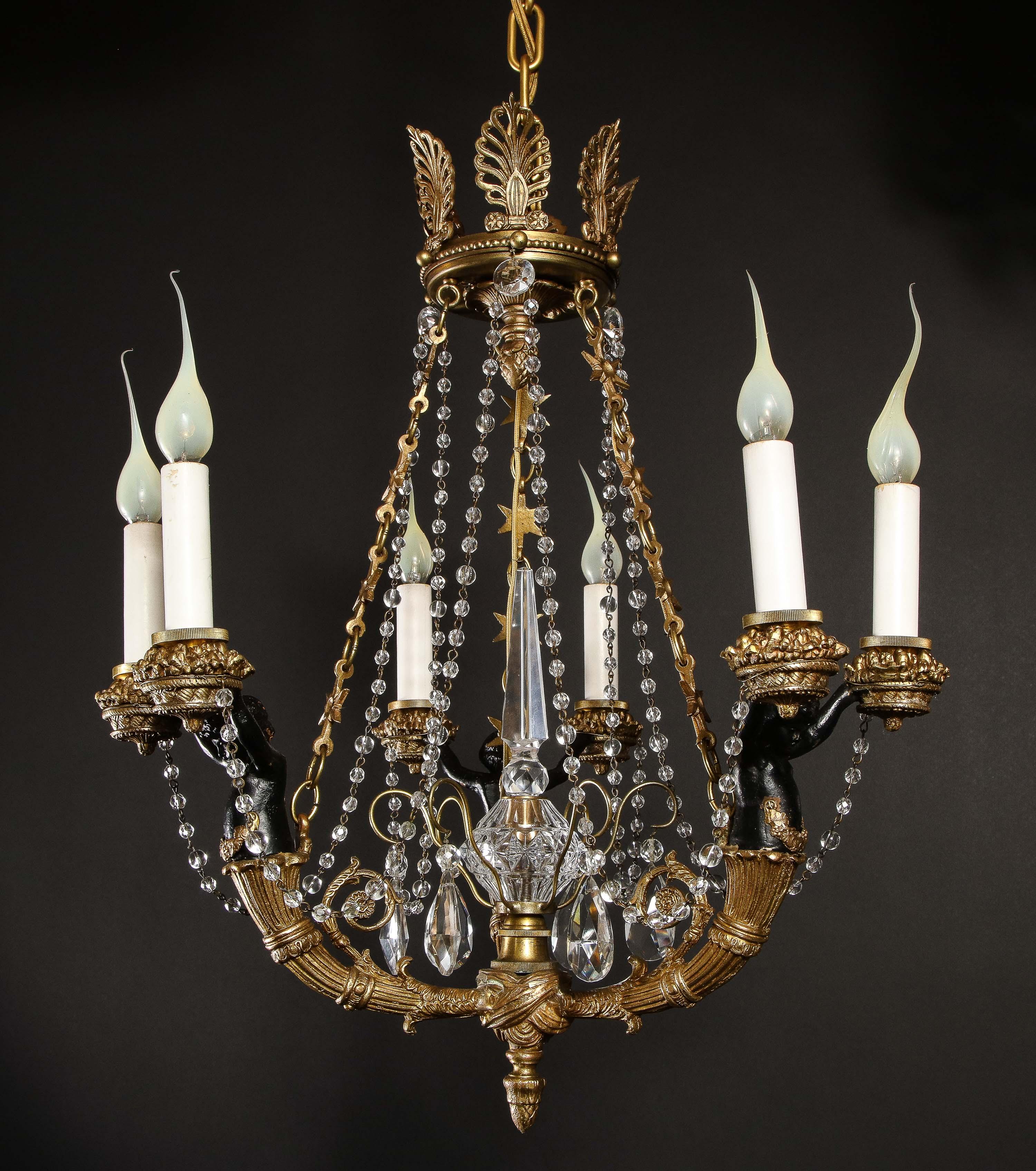 Hollywood Regency Style Gilt Bronze and Glass Figural Chandelier In Good Condition In New York, NY
