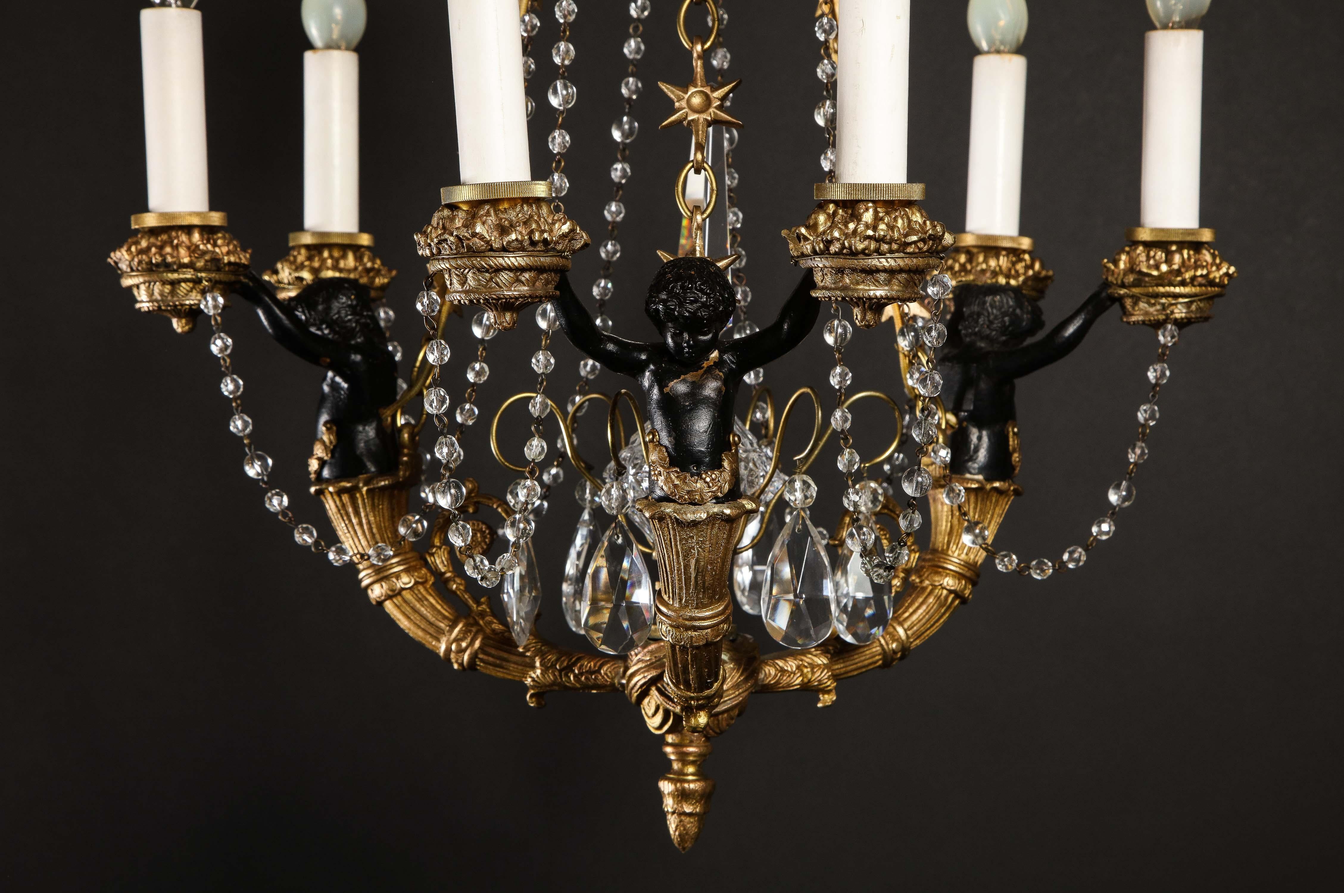 20th Century Hollywood Regency Style Gilt Bronze and Glass Figural Chandelier