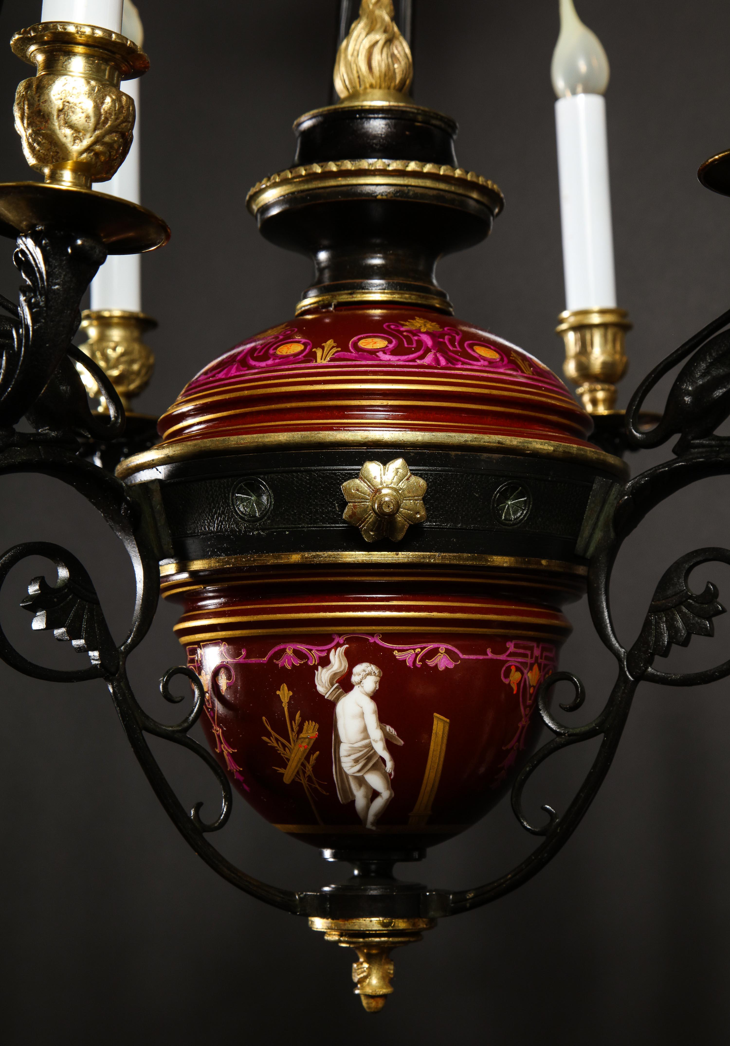 Hollywood Regency Style Gilt Bronze and Red Porcelain Figural Chandelier For Sale 5