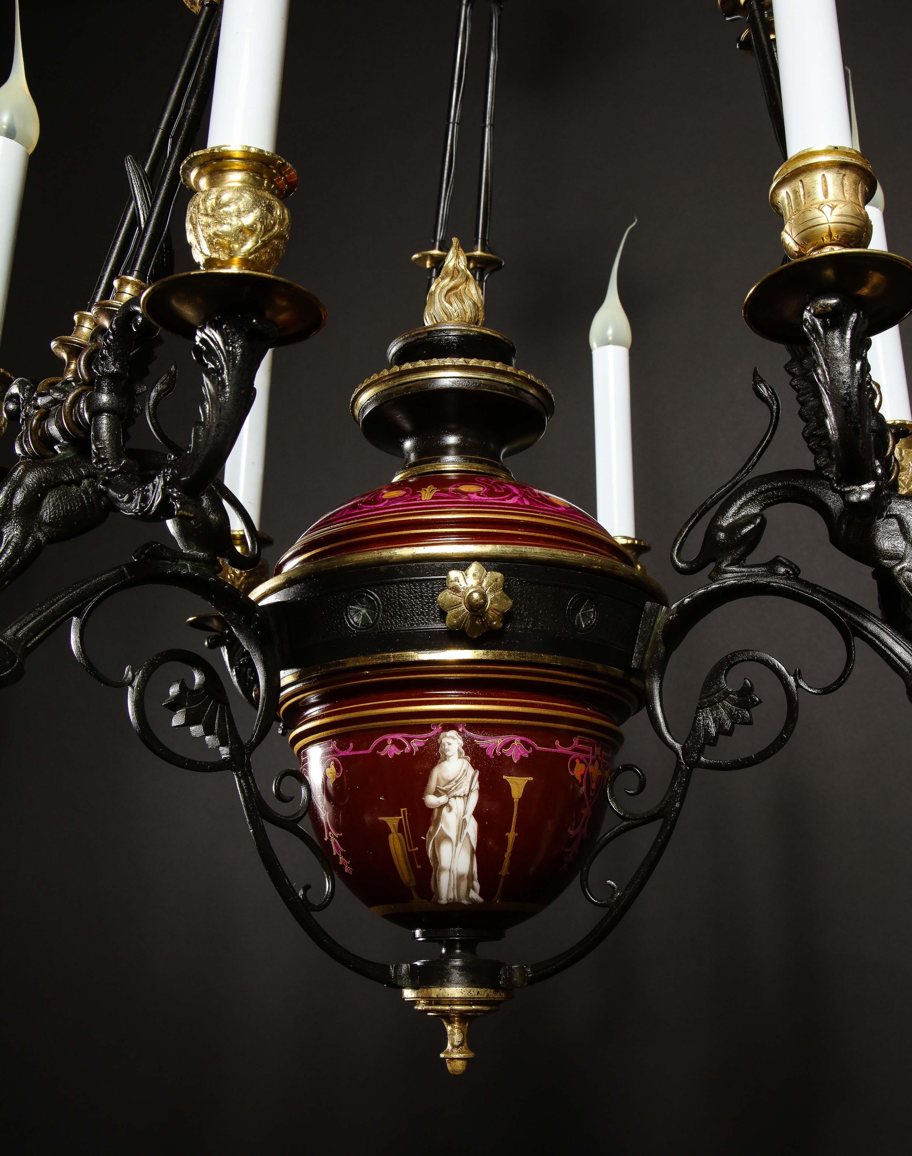 Hollywood Regency Style Gilt Bronze and Red Porcelain Figural Chandelier For Sale 6