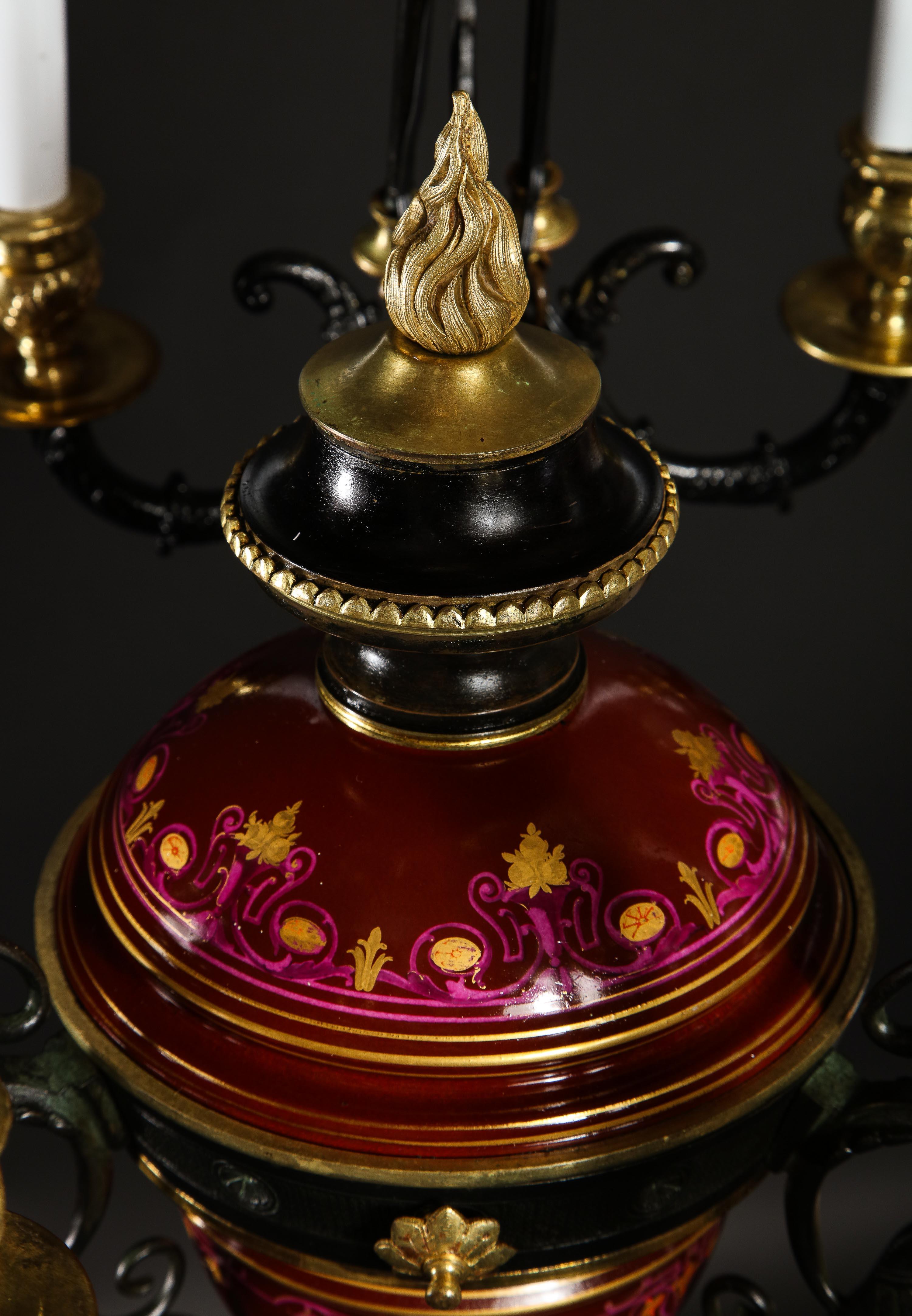 Hollywood Regency Style Gilt Bronze and Red Porcelain Figural Chandelier For Sale 13