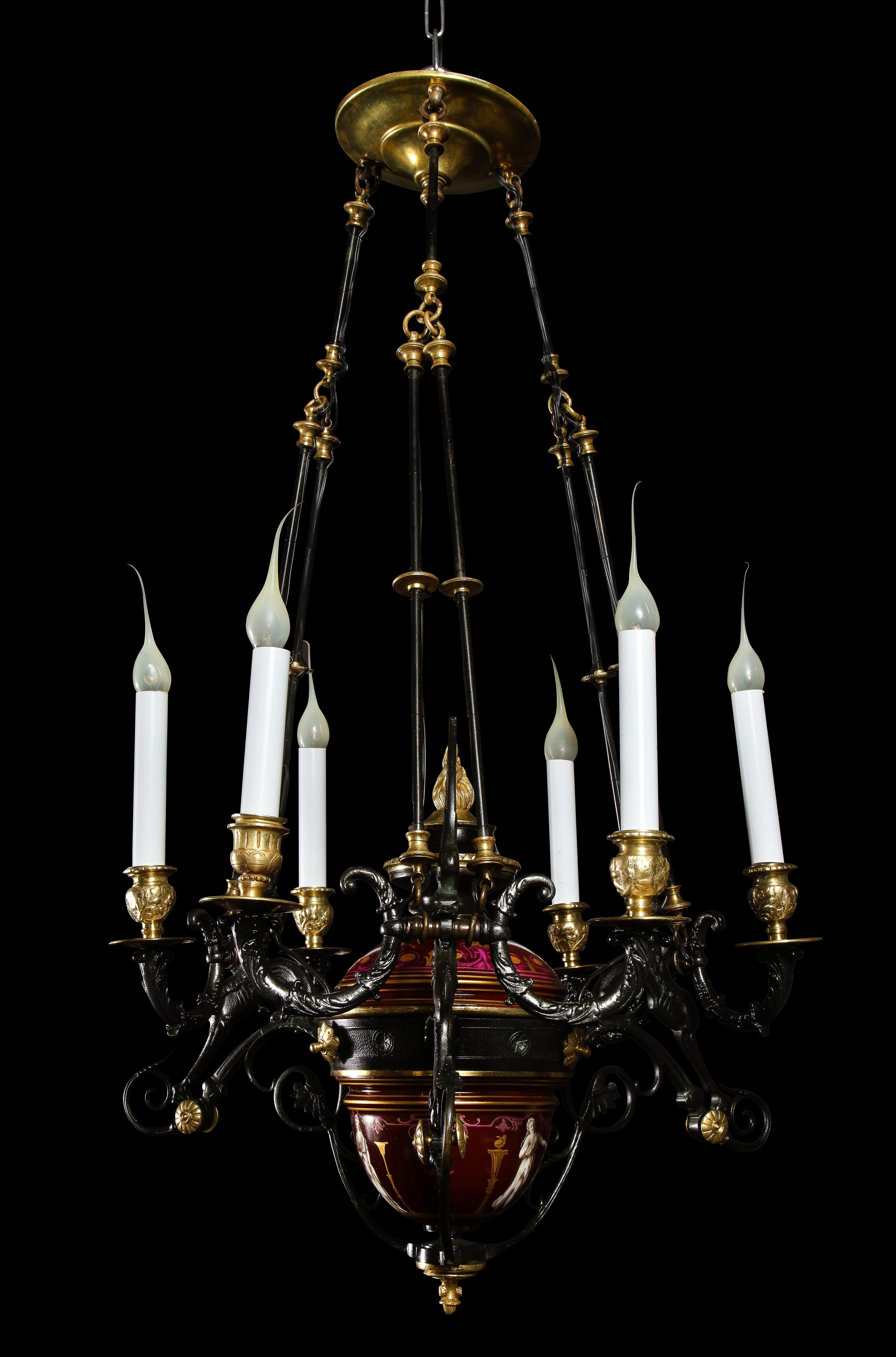 French Hollywood Regency Style Gilt Bronze and Red Porcelain Figural Chandelier For Sale