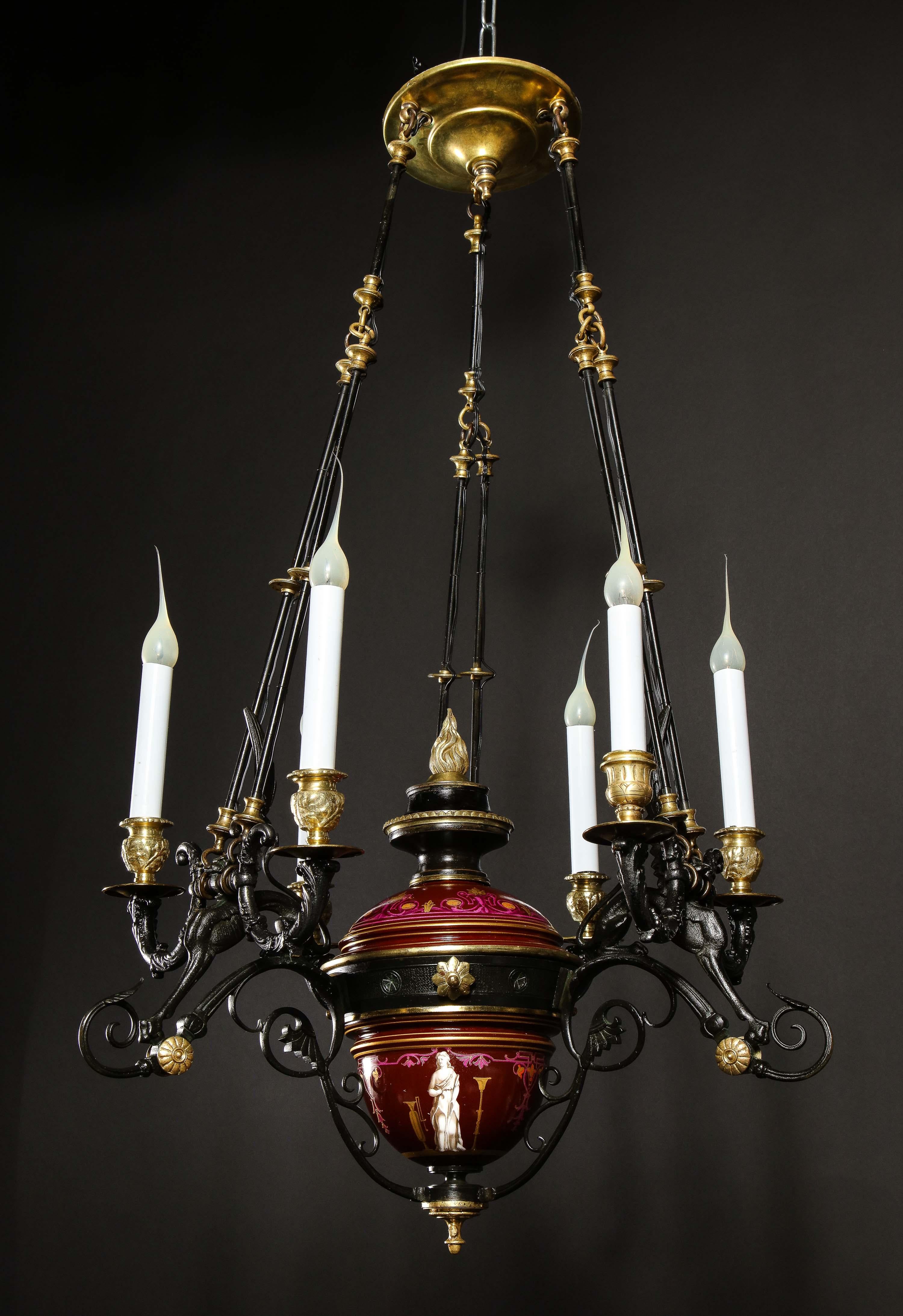 Hollywood Regency Style Gilt Bronze and Red Porcelain Figural Chandelier In Good Condition For Sale In New York, NY