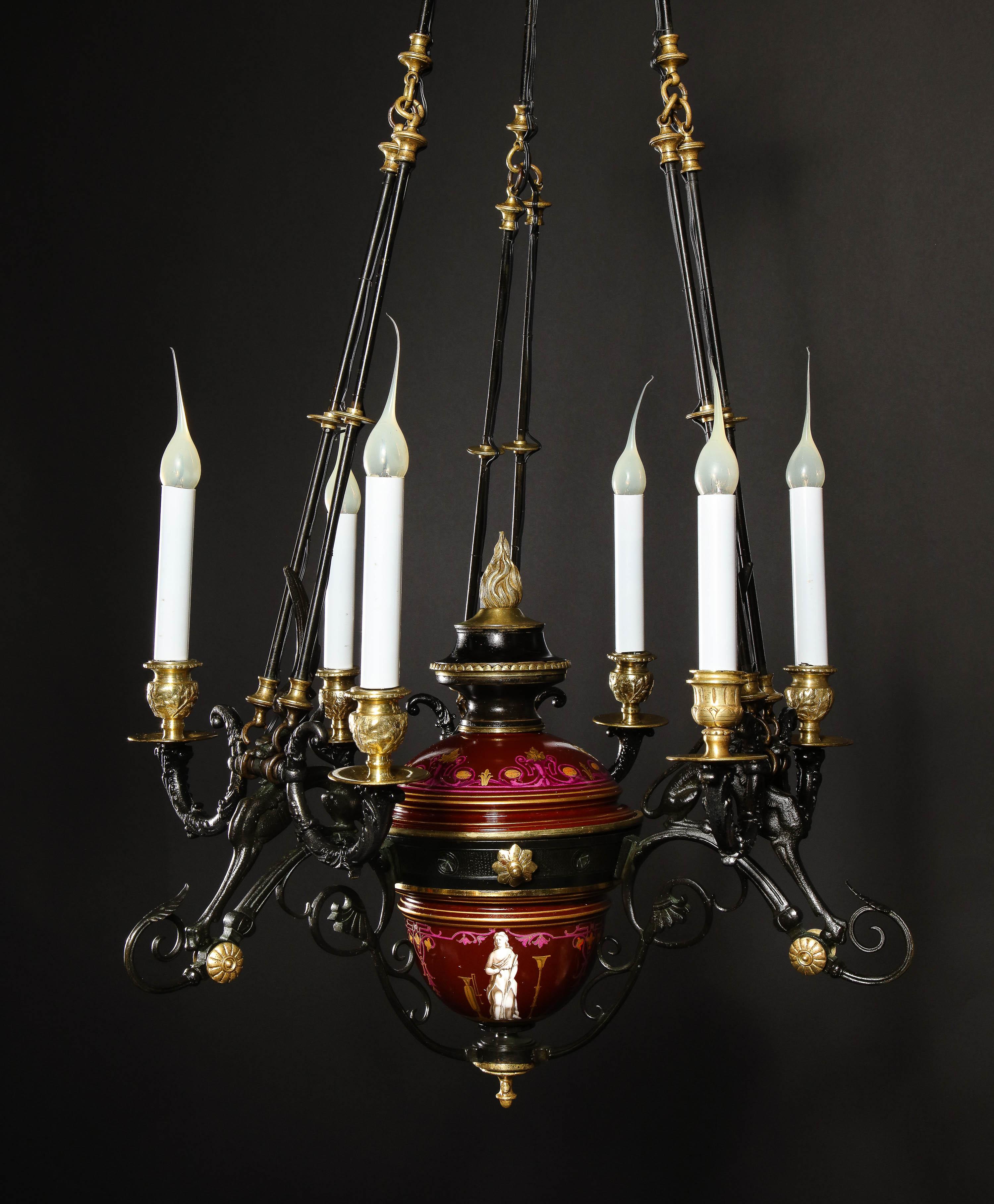 20th Century Hollywood Regency Style Gilt Bronze and Red Porcelain Figural Chandelier For Sale