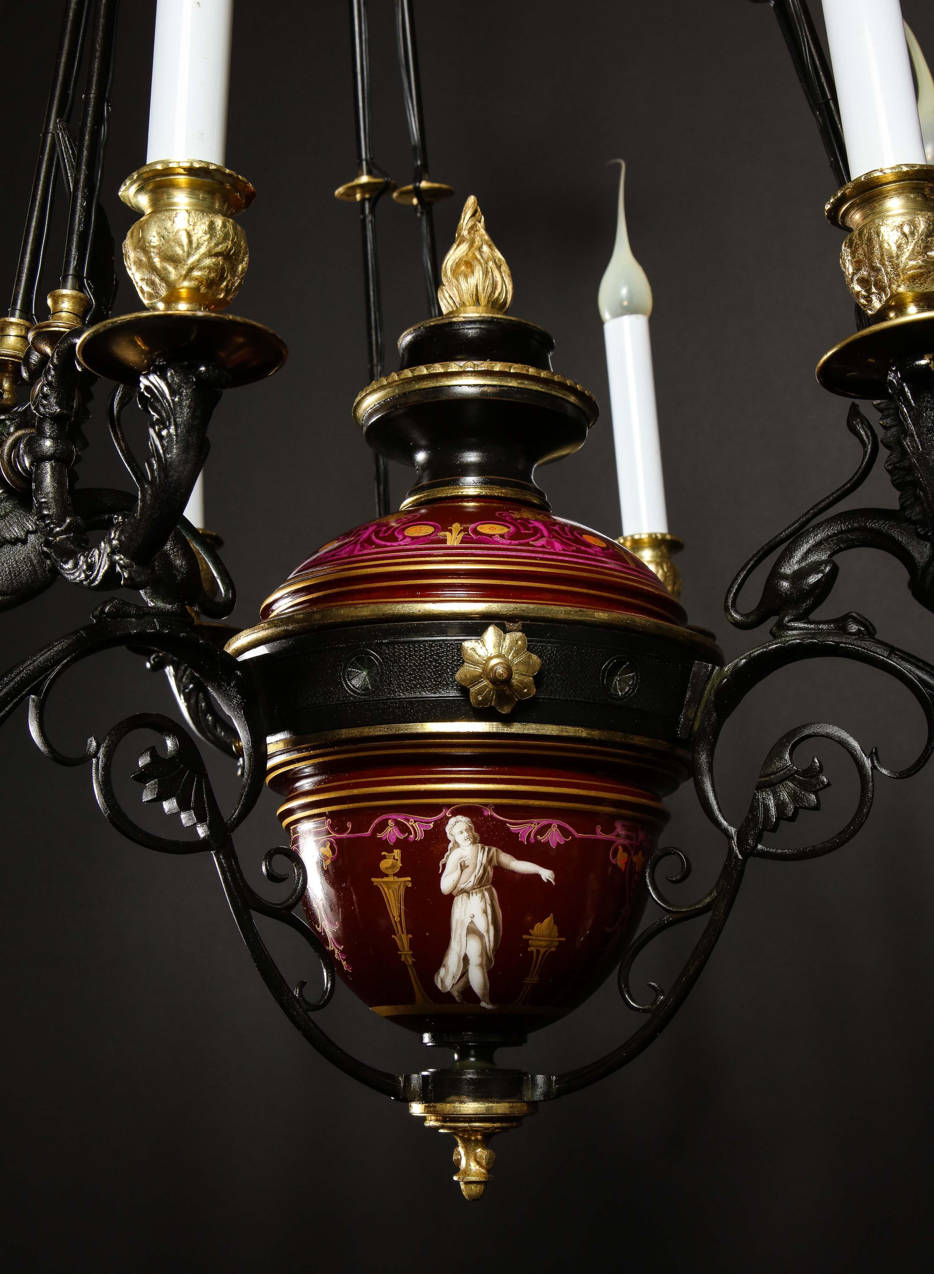 Hollywood Regency Style Gilt Bronze and Red Porcelain Figural Chandelier For Sale 4