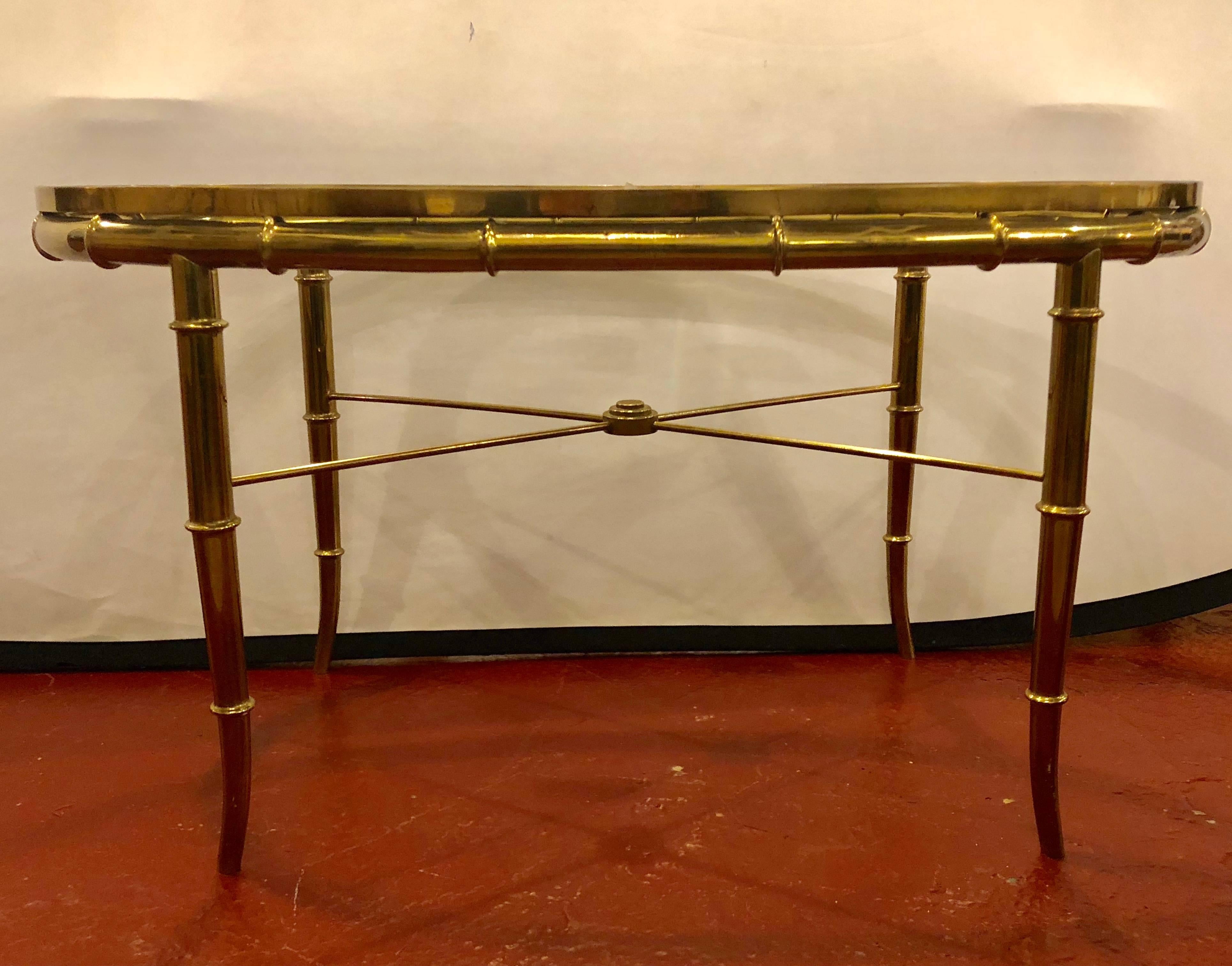 Hollywood Regency Style Gilt Metal Faux Bamboo Oval Glass Top Coffee Table 6