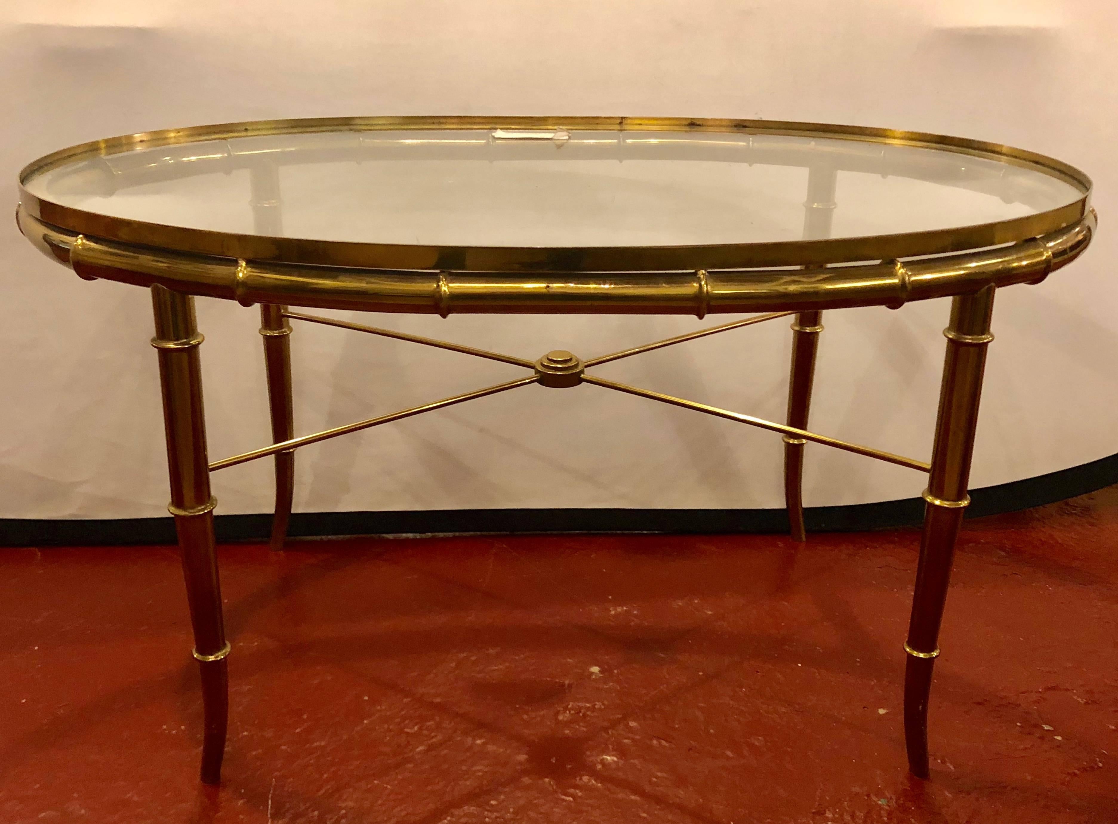 Hollywood Regency Style Gilt Metal Faux Bamboo Oval Glass Top Coffee Table 5