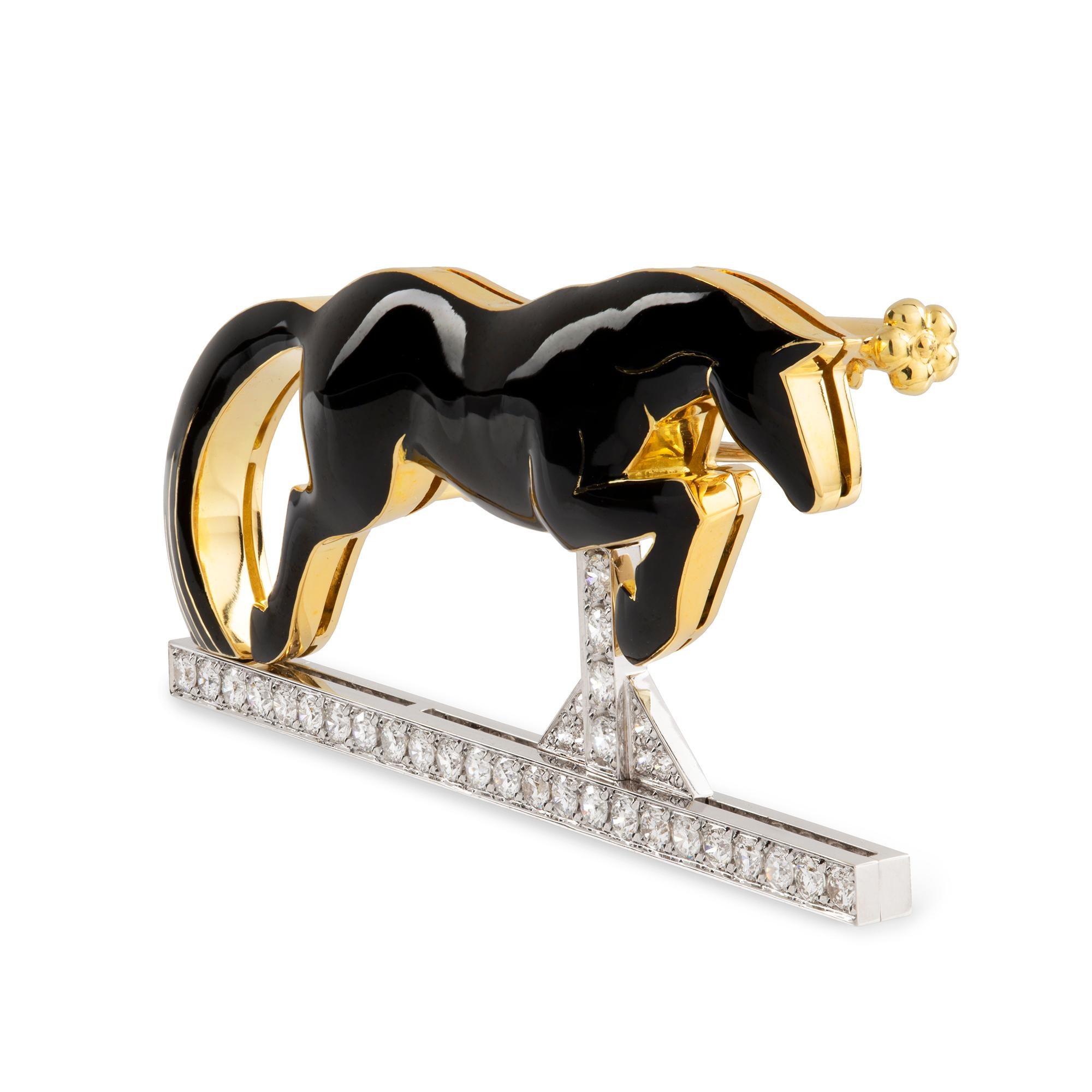 A horse brooch by Ilgiz F, the realistically carved black enamelled horse jumping over a diamond-set fence, the diamonds weighing 0.56 carats in total, all mounted in 18ct gold, with double pin fitting, made by Ilgiz Fazulzyanov, measuring