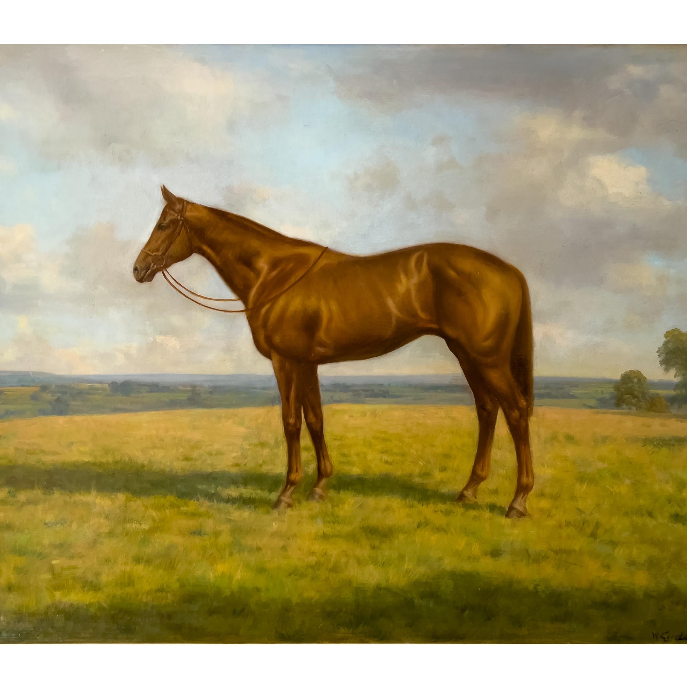 This 20th-century piece depicts a brown horse in natural surroundings, skill-fully rendered on a board. The artist's signature, dated '73. Encased in a wooden carved gilded frame, this artwork exudes elegance and transports you to the serene