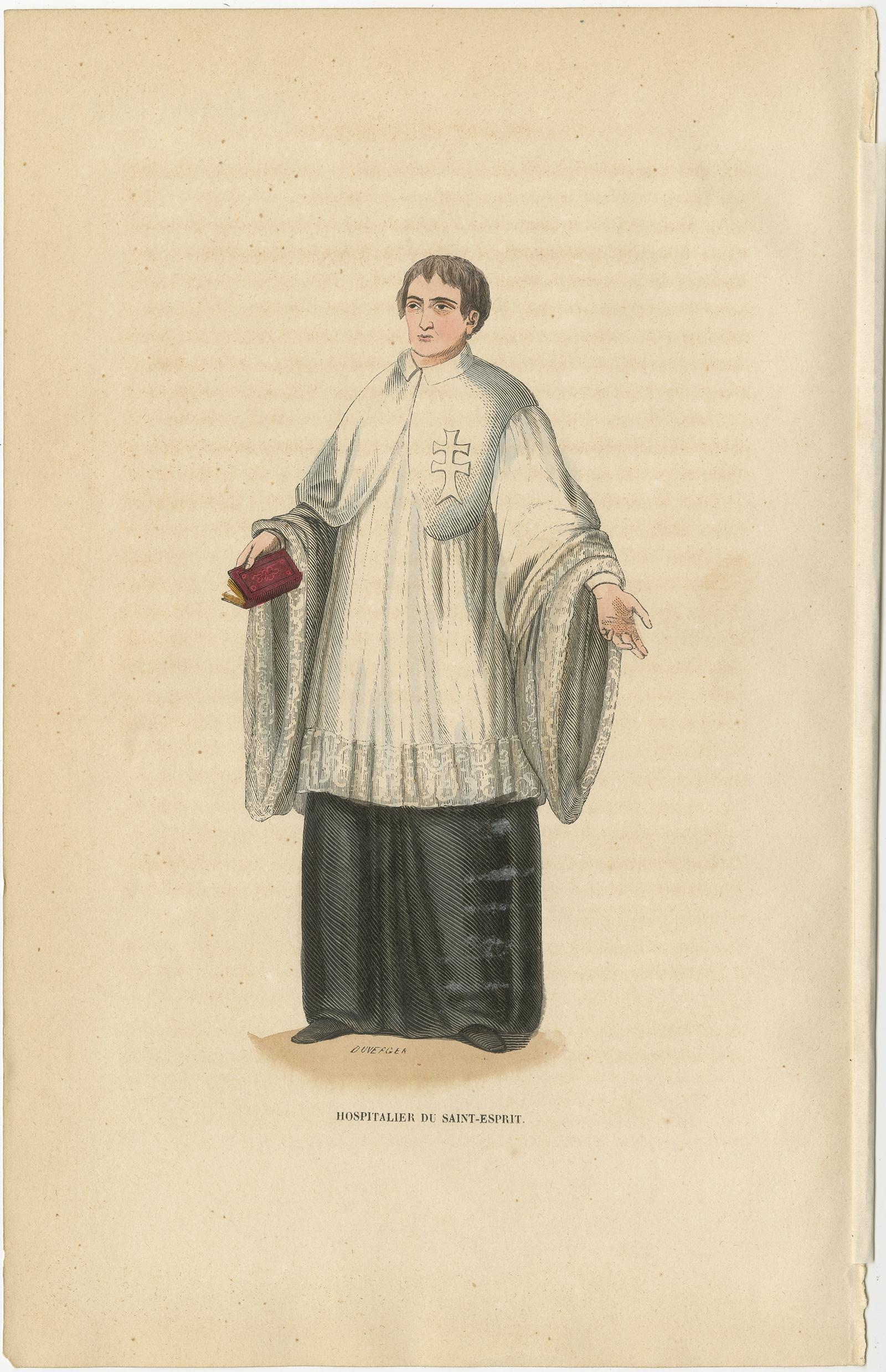 Antique print titled 'Hospitalier du Saint-Esprit'. 

Print of a Hospitaler of the Order of the Holy Ghost, Hospitallers of the Holy Spirit, Roman Catholic order. This print originates from 'Histoire et Costumes des Ordres Religieux'.

Artists