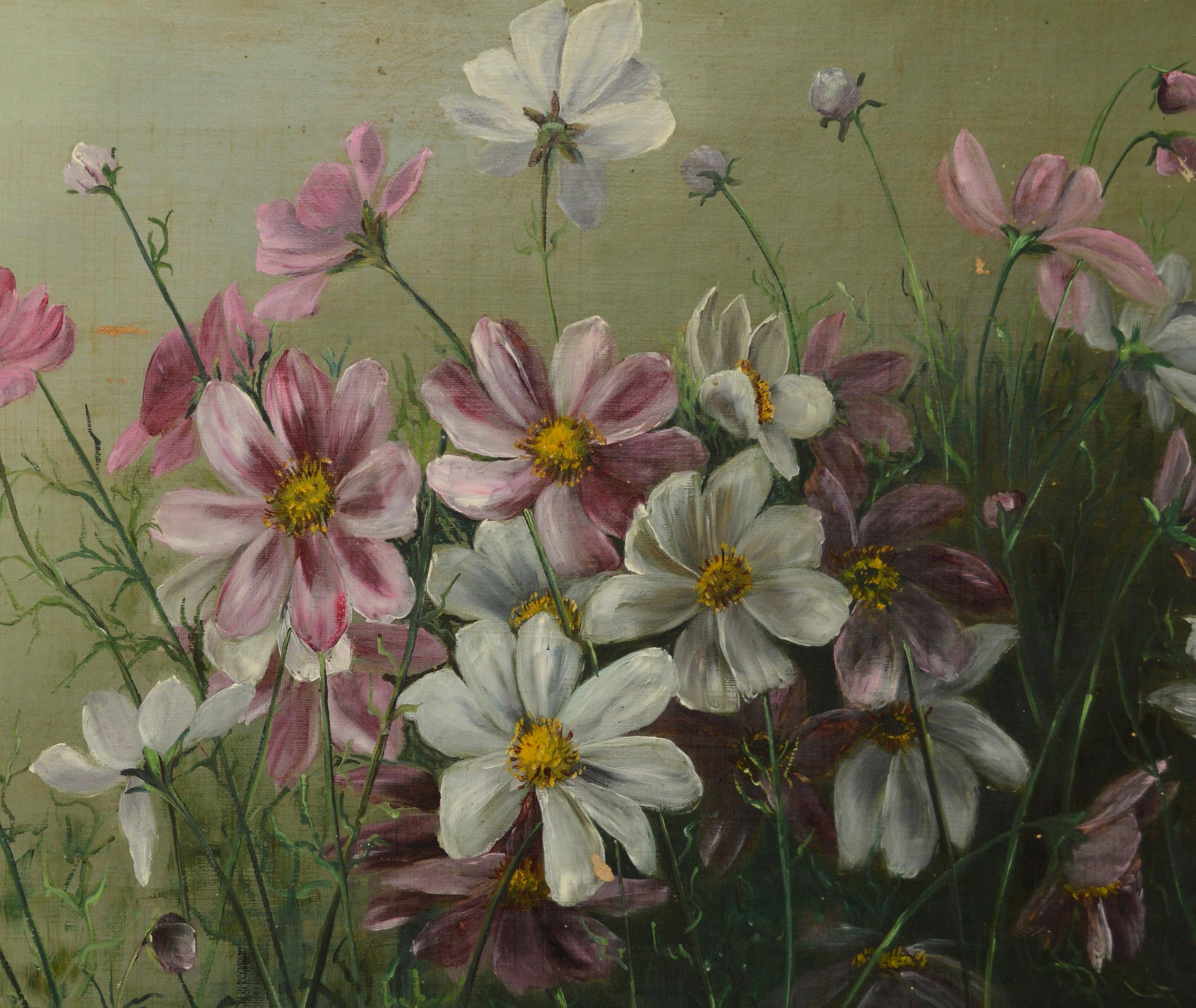 Cosmos Flowers Victorian Era by A. Hotchkiss 1890s - Painting by A Hotchkiss
